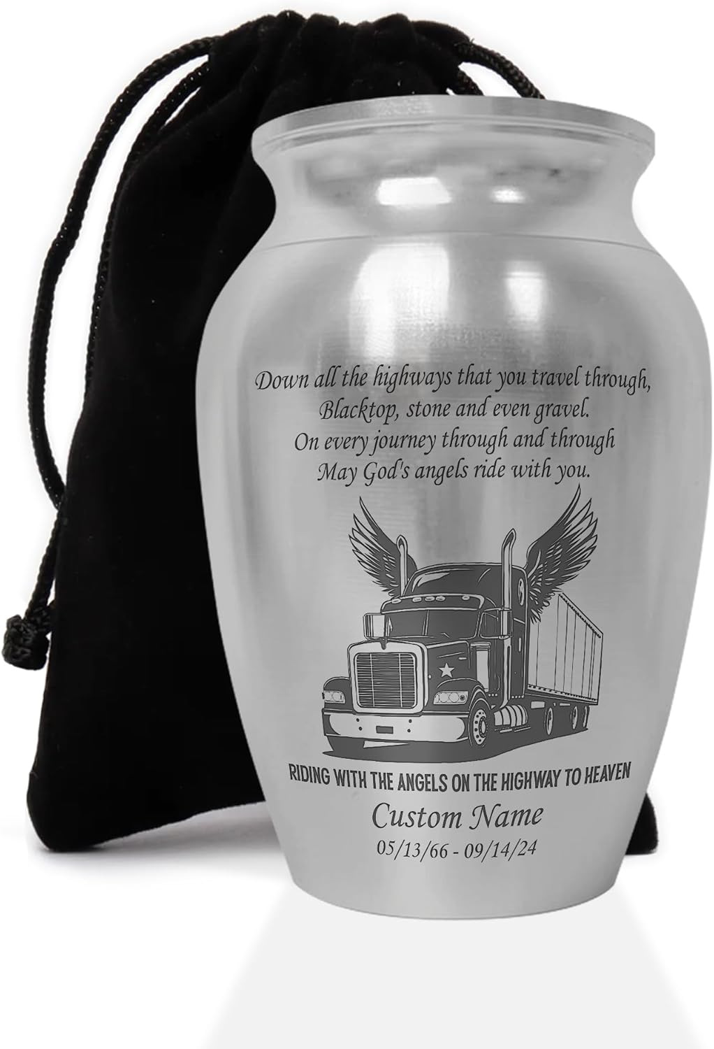 Personalized Semi Truck Mini Urn for Ashes Stainless Steel Silver Angel Wings