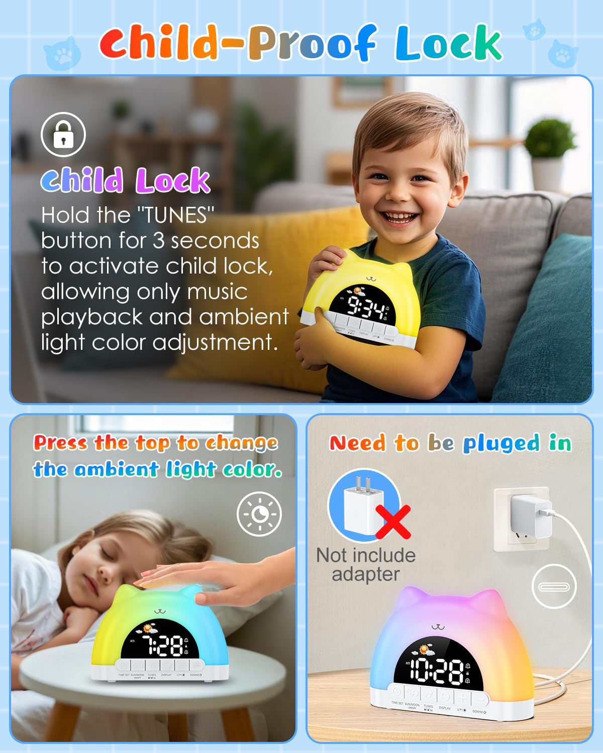 Kids Alarm Clock with Cat Design and Night Light