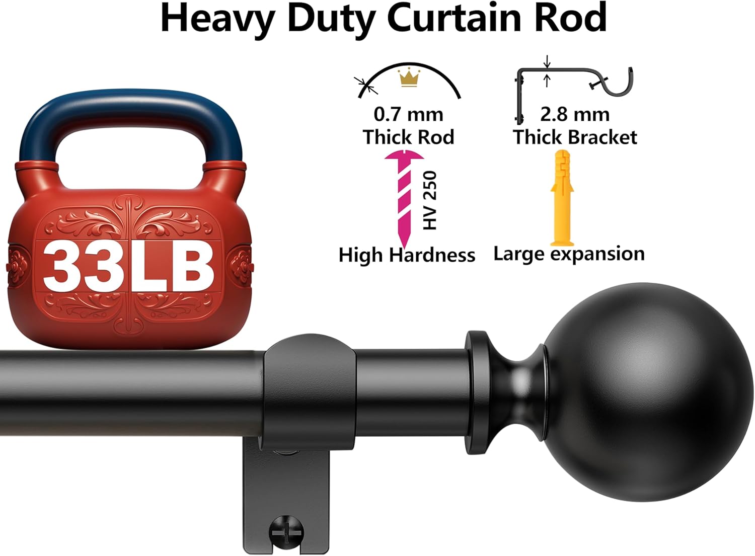 BloomFlower 118 Inch Adjustable Curtain Rods with Black Finials