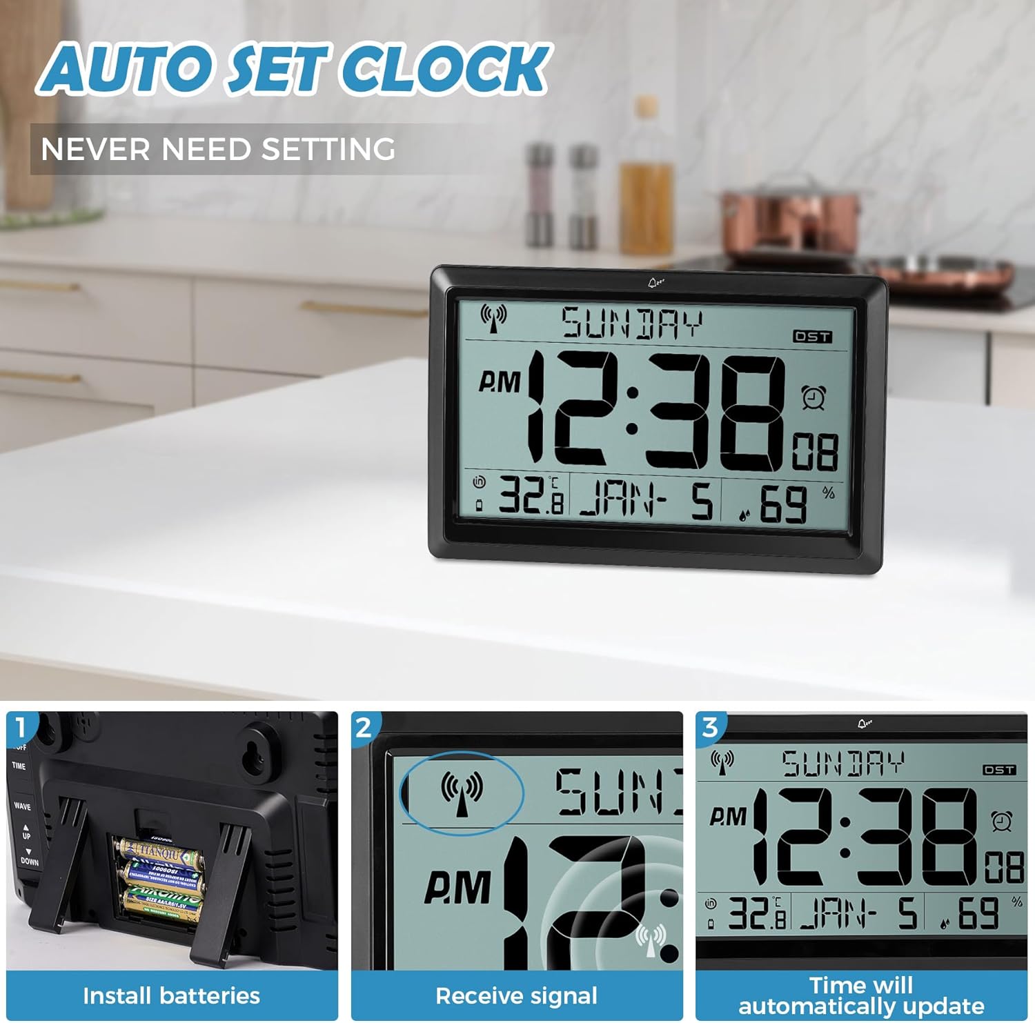 SZELAM Atomic Clock Black Large Display Wall Clock