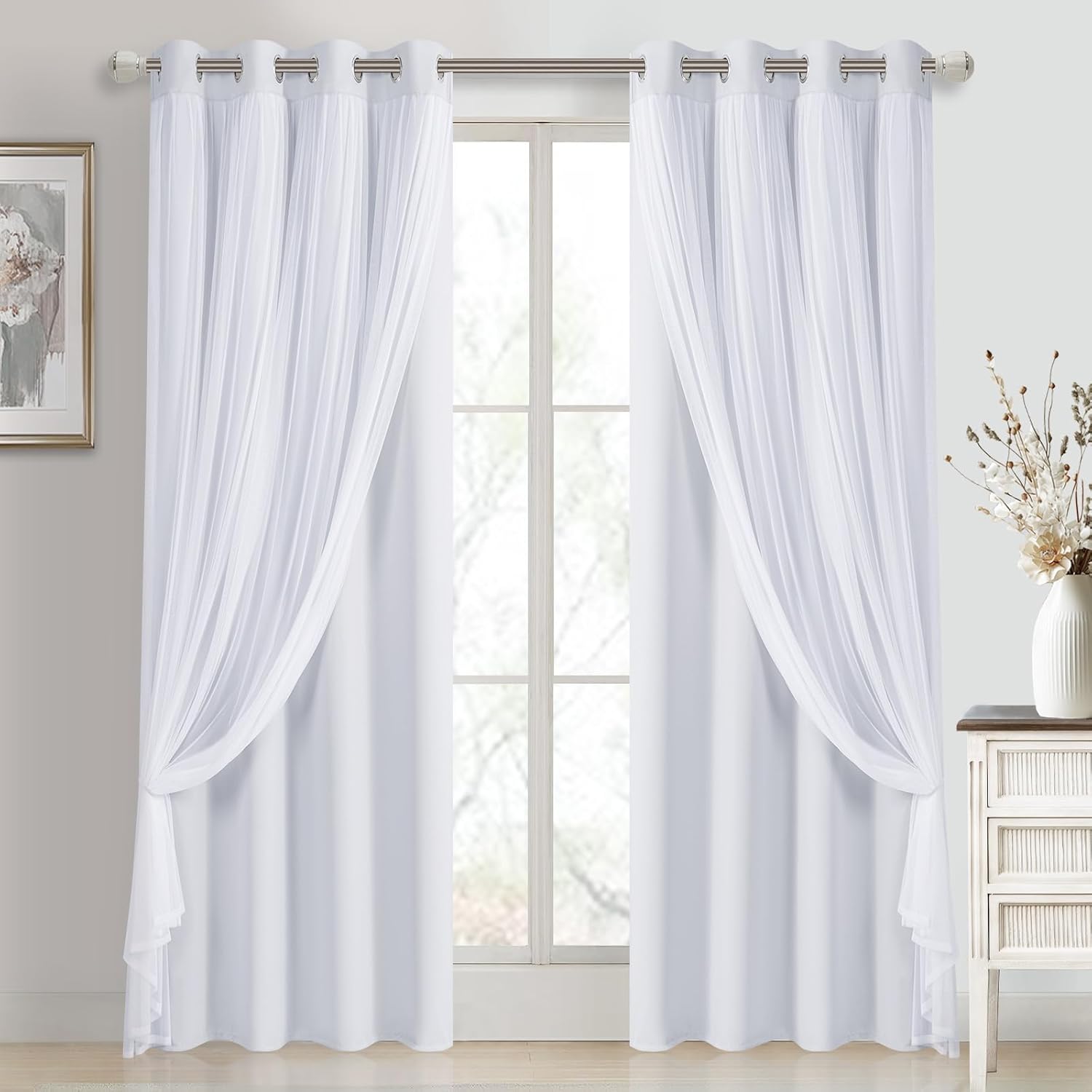 DWCN Blackout Curtains with Sheer Overlay 52 Wx84 L