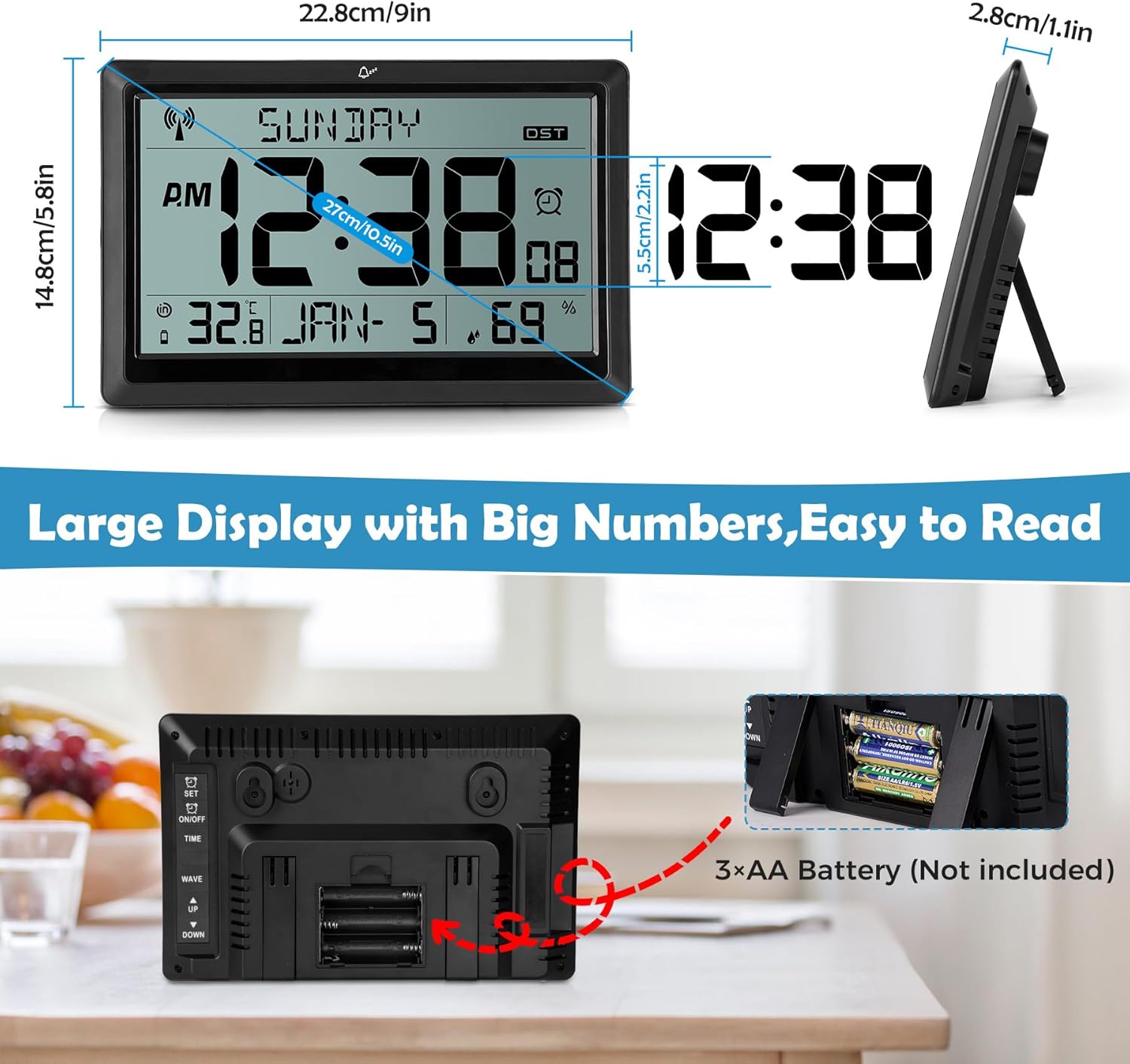 SZELAM Atomic Clock Black Large Display Wall Clock