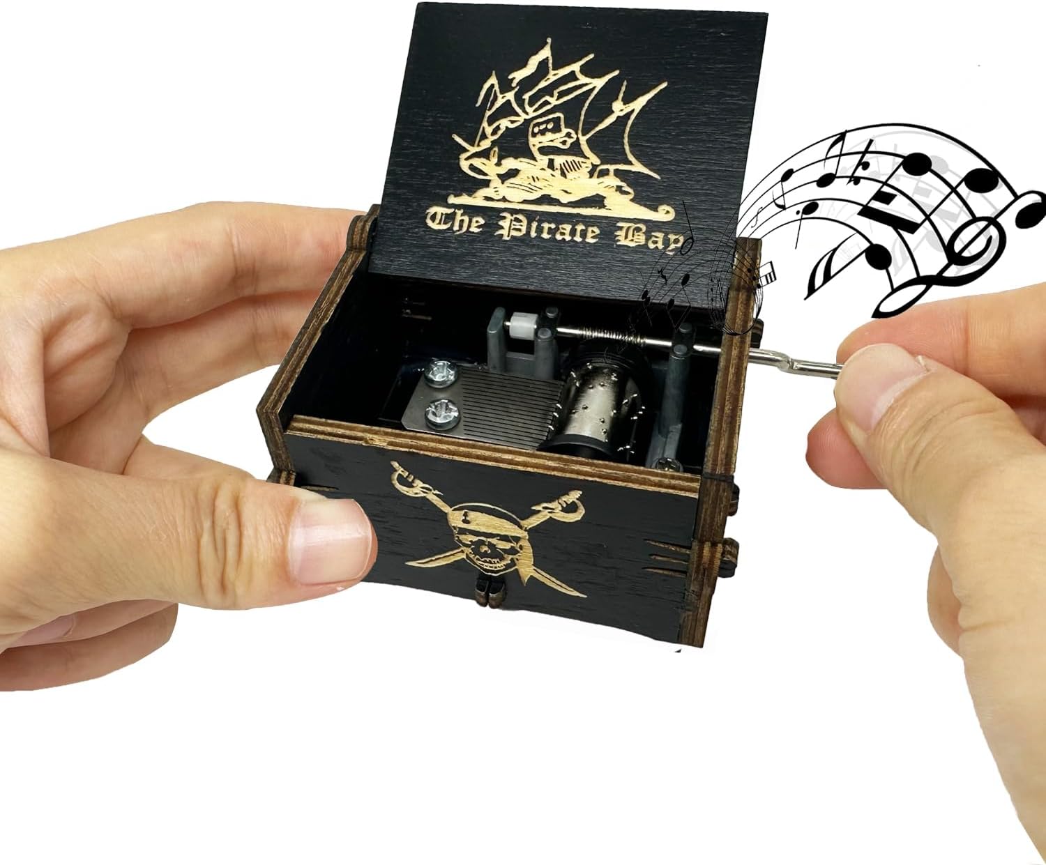 Pirates of The Caribbean Music Box Hand Crank Wooden Carved Black