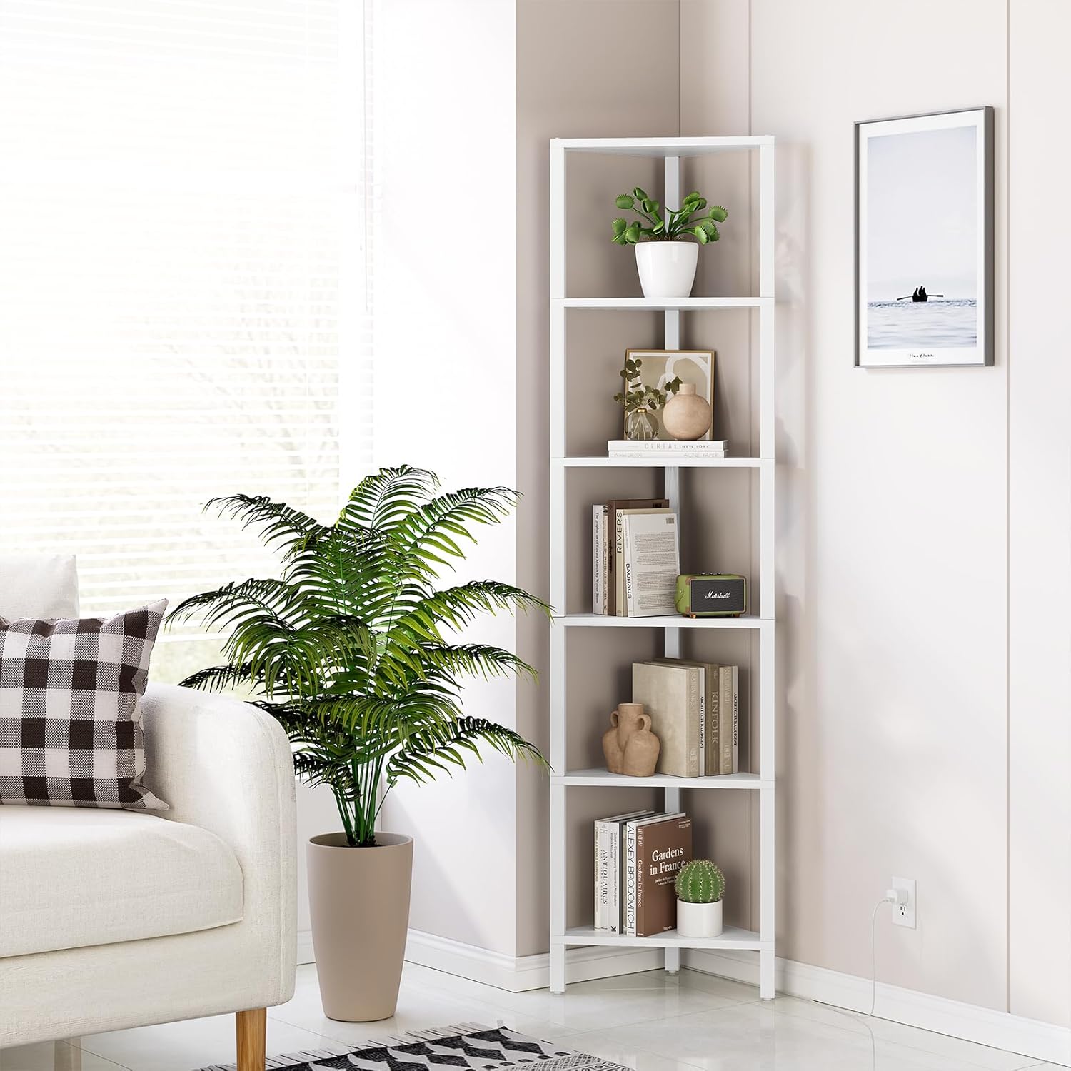 TUTOTAK 6-Tier Corner Bookshelf with LED Light