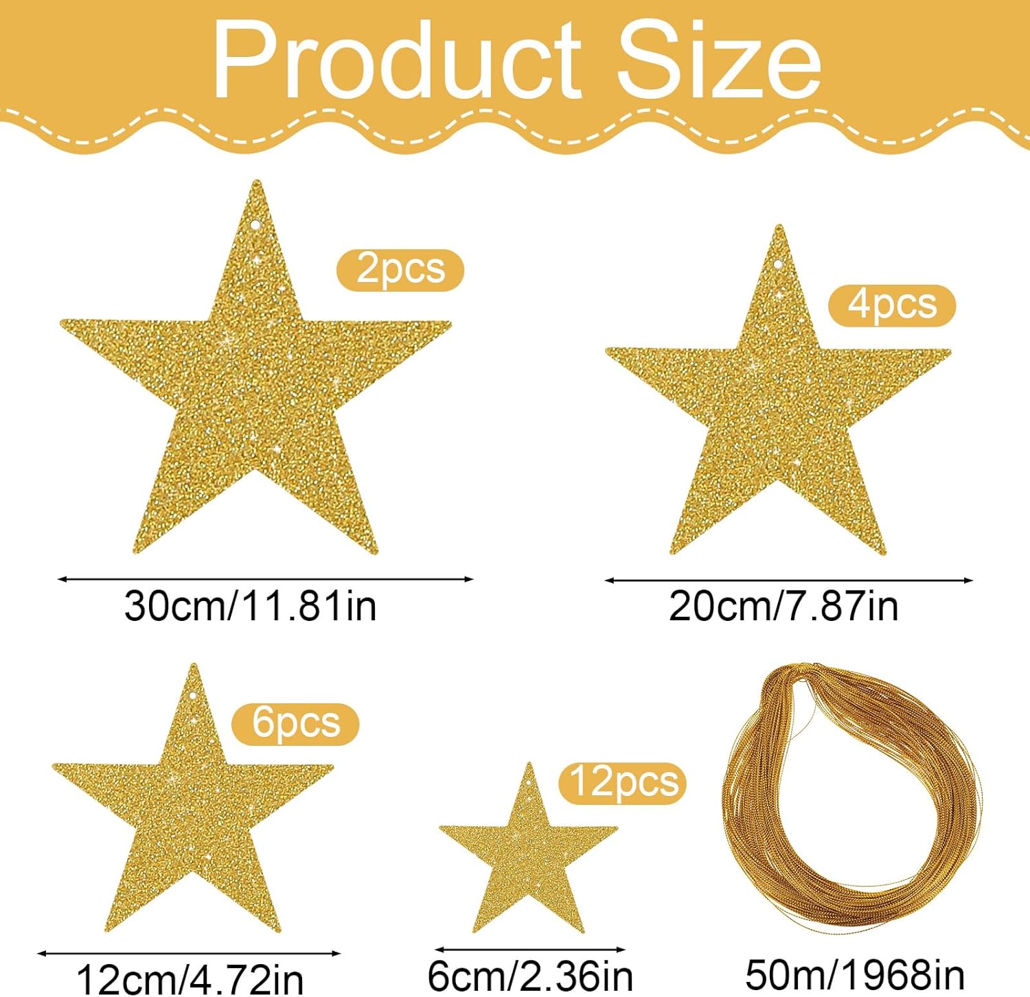 24PCS Shiny Hanging Gold Star Cutouts with String