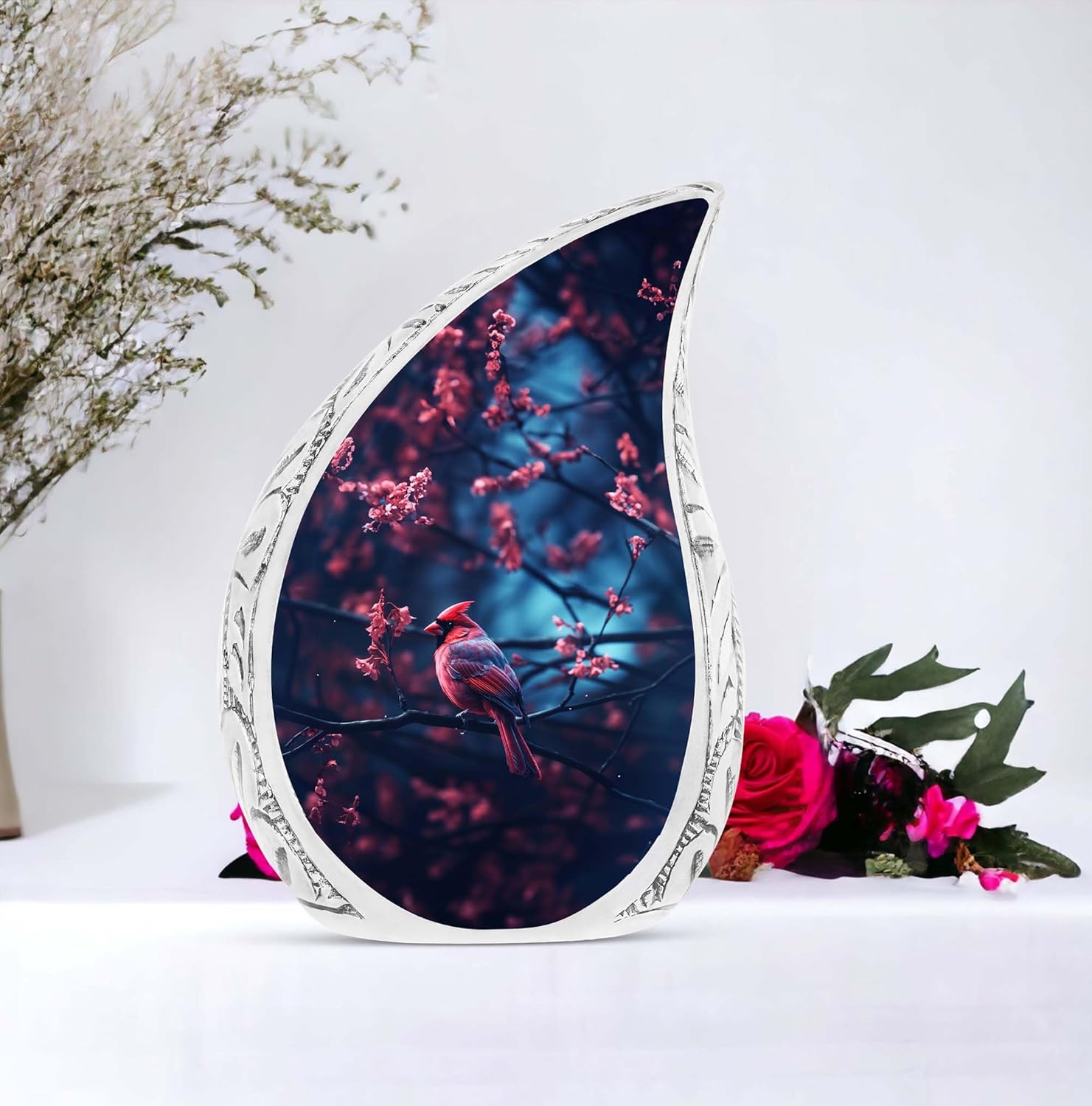 Red Cardinal Bird Urn for Adult Ashes 10 Inch Metal Cremation Urn