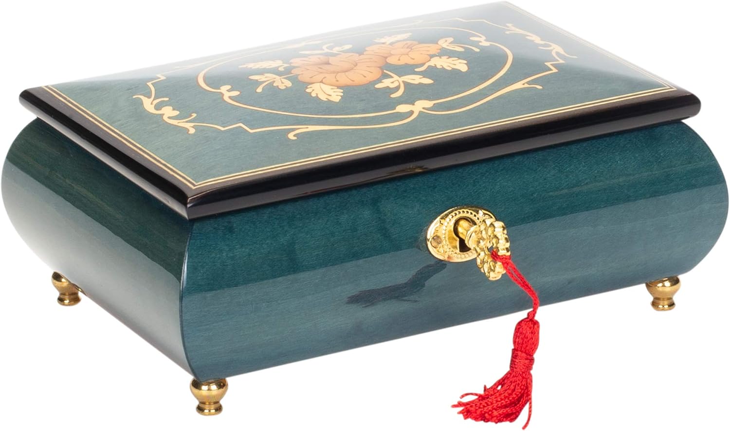Flower Dark Blue Italian Inlaid Wood Music Box Swan Lake