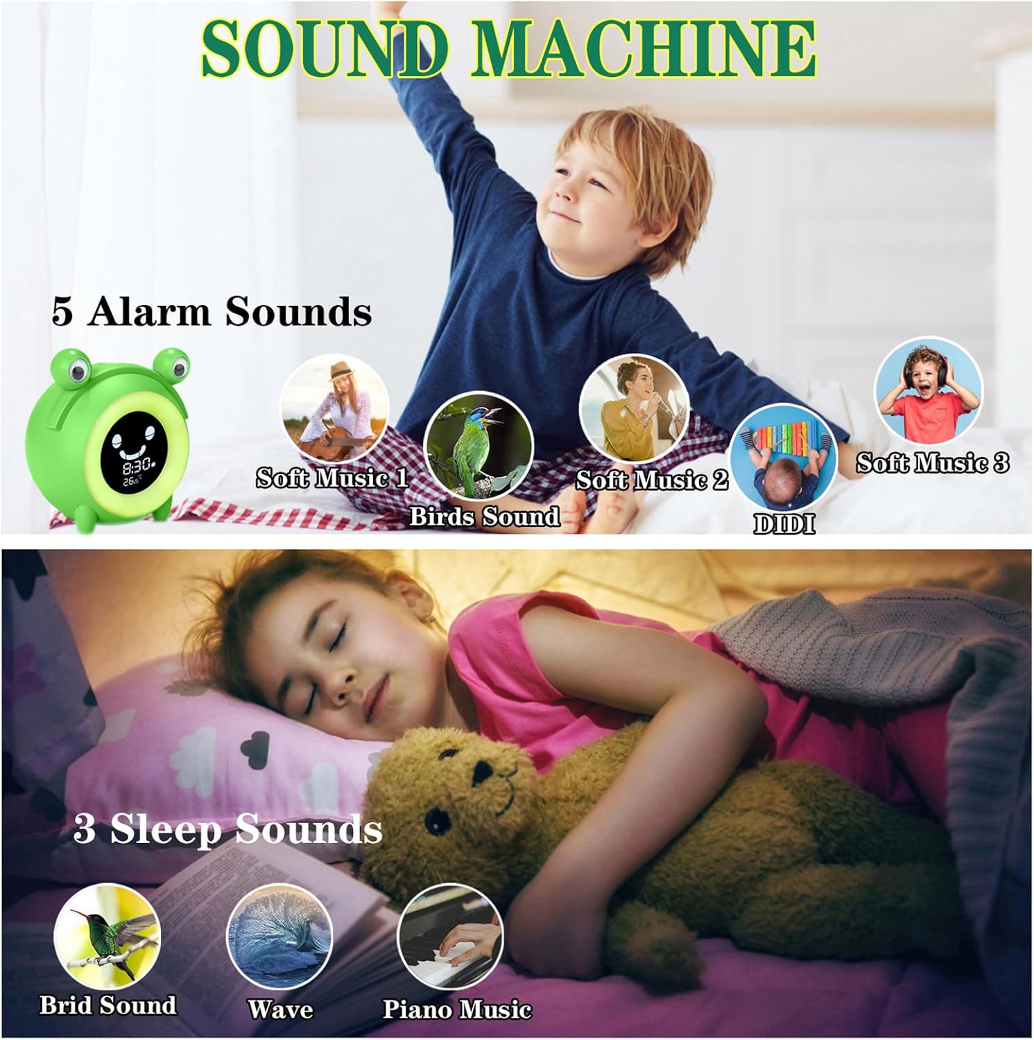 Wisoee Kids Sleep Training Alarm Clock with Night Light and Sound Machine