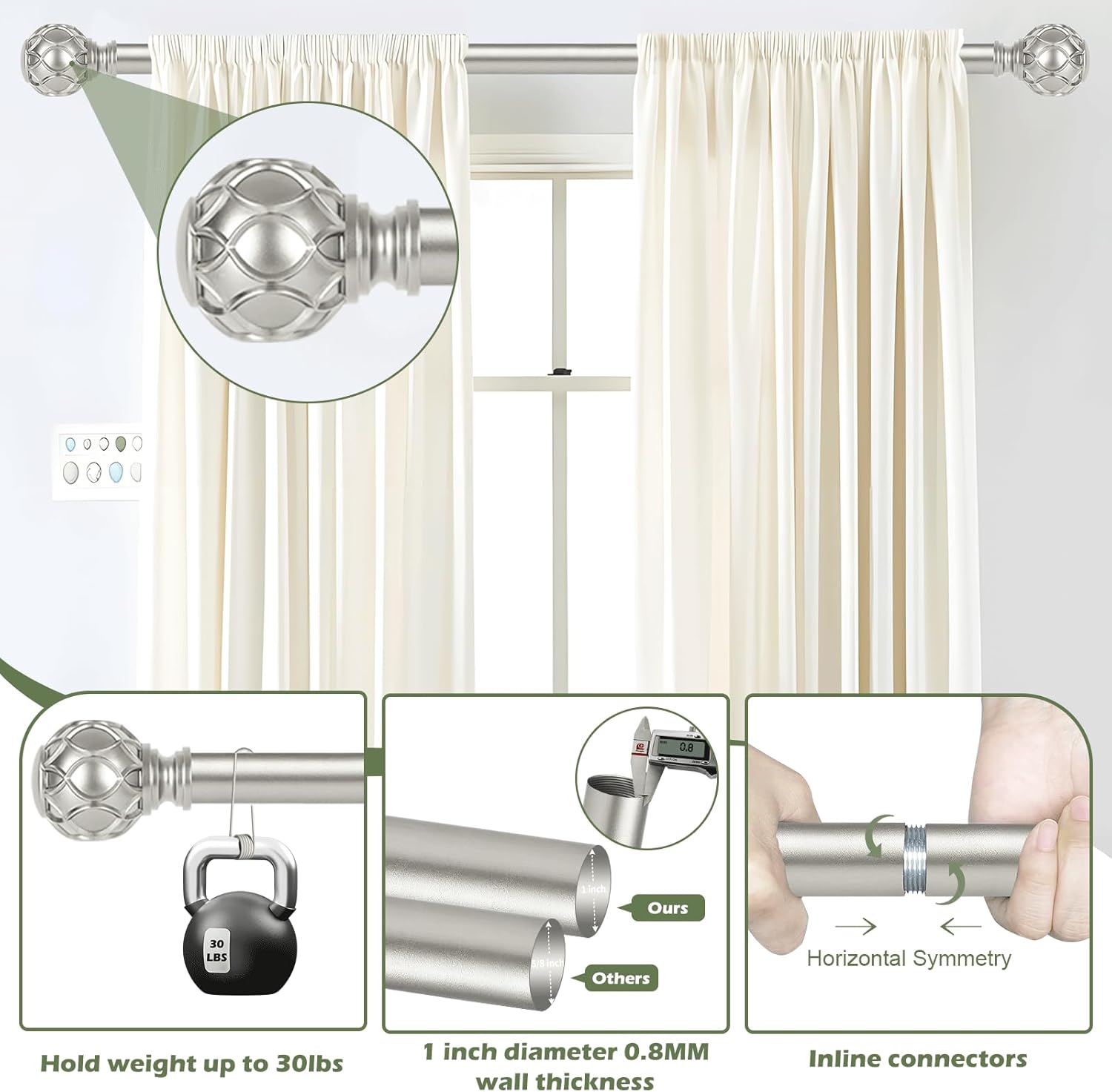 HTZON Antique Silver Decorative Curtain Rod Set 66-120 Inch
