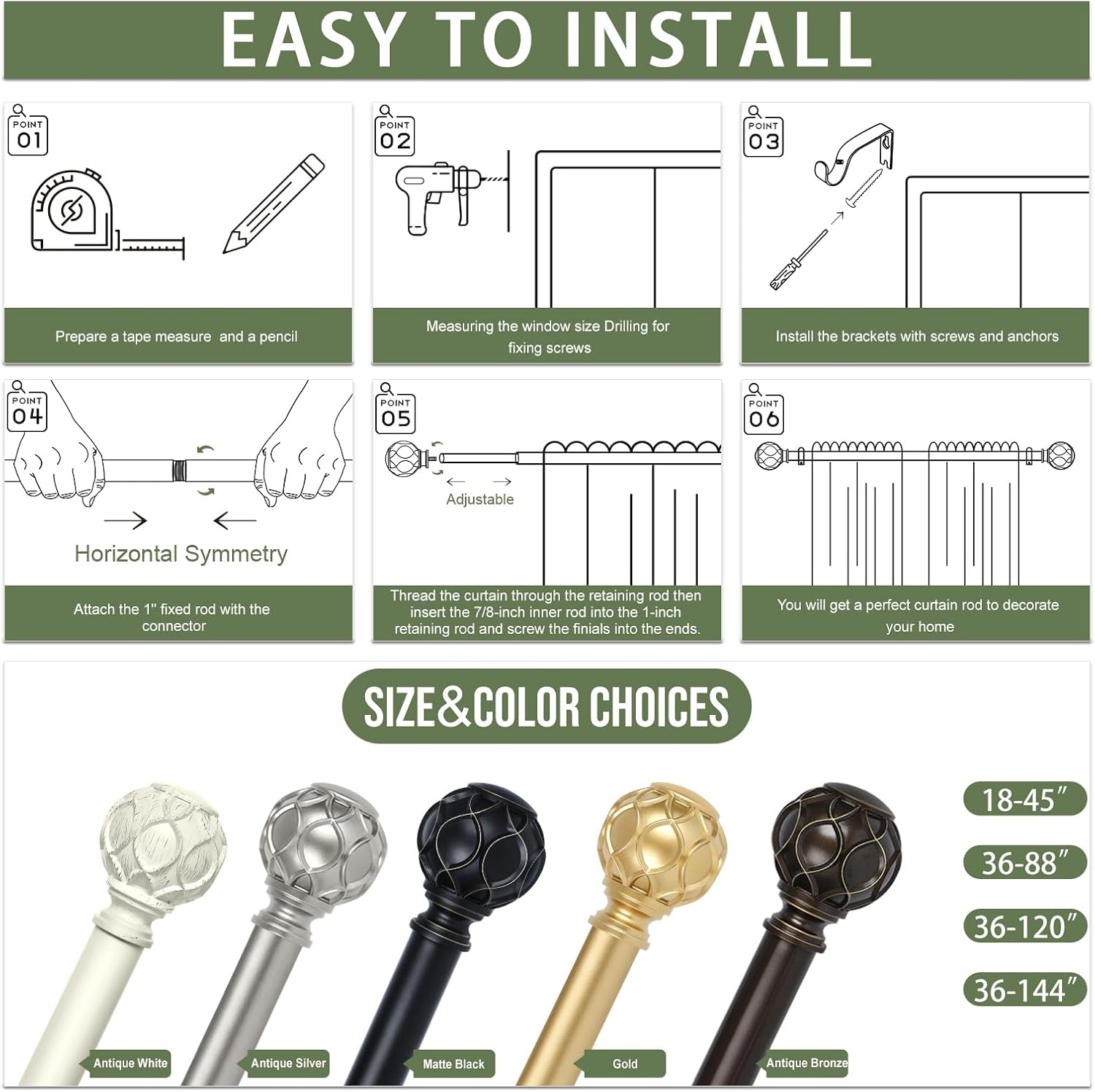 HTZON Antique Silver Decorative Curtain Rod Set 66-120 Inch