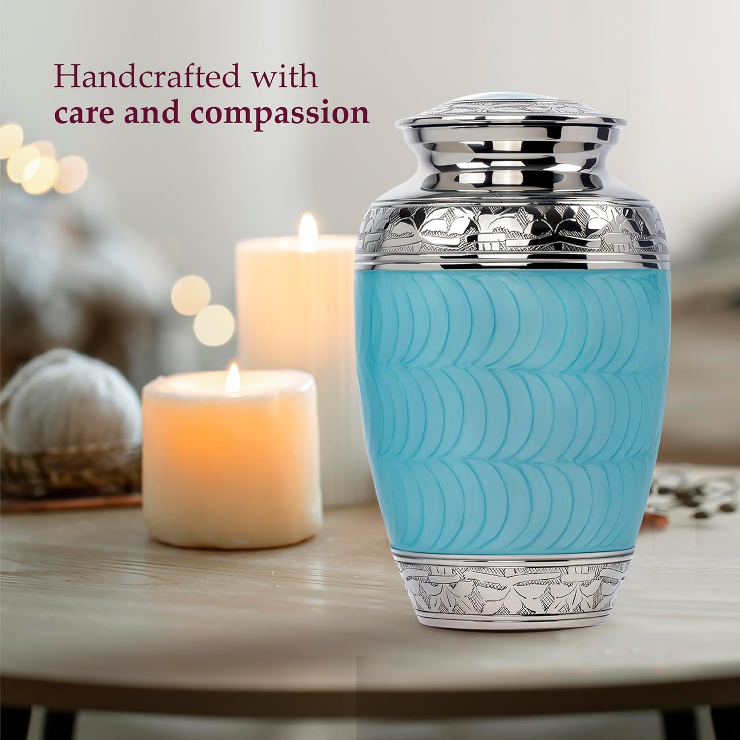Trupoint Memorials Large Light Blue Cremation Urn with Silver Lining