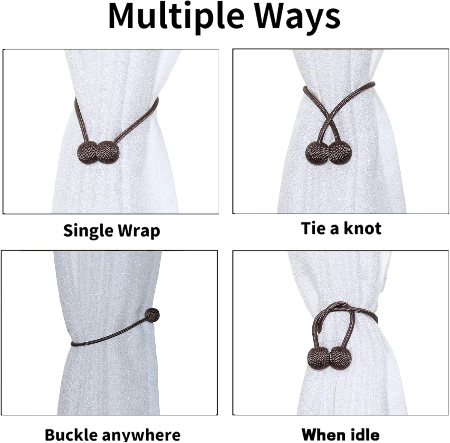 2 PCS Magnetic Curtain Holdbacks with Woven Rope - Brown