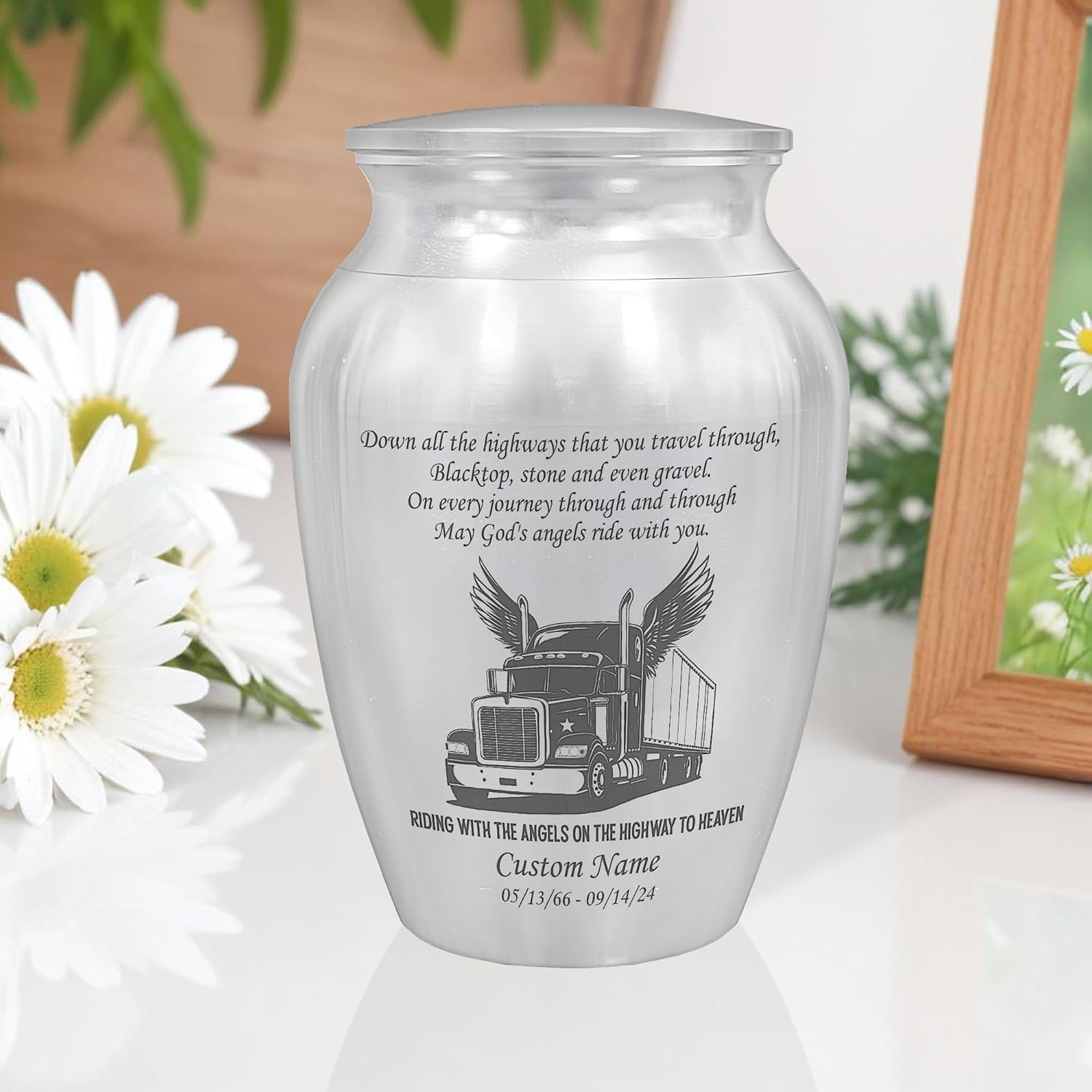 Personalized Semi Truck Mini Urn for Ashes Stainless Steel Silver Angel Wings