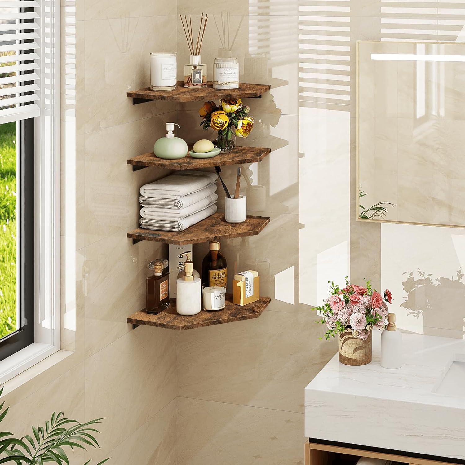 Homode Set of 4 Floating Corner Shelves Rustic Brown