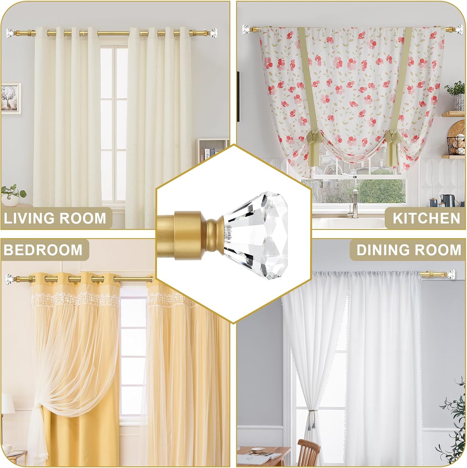 Orger Diamond Curtain Rods 30-54 Inches Gold with Crystal Finials 2 Pack