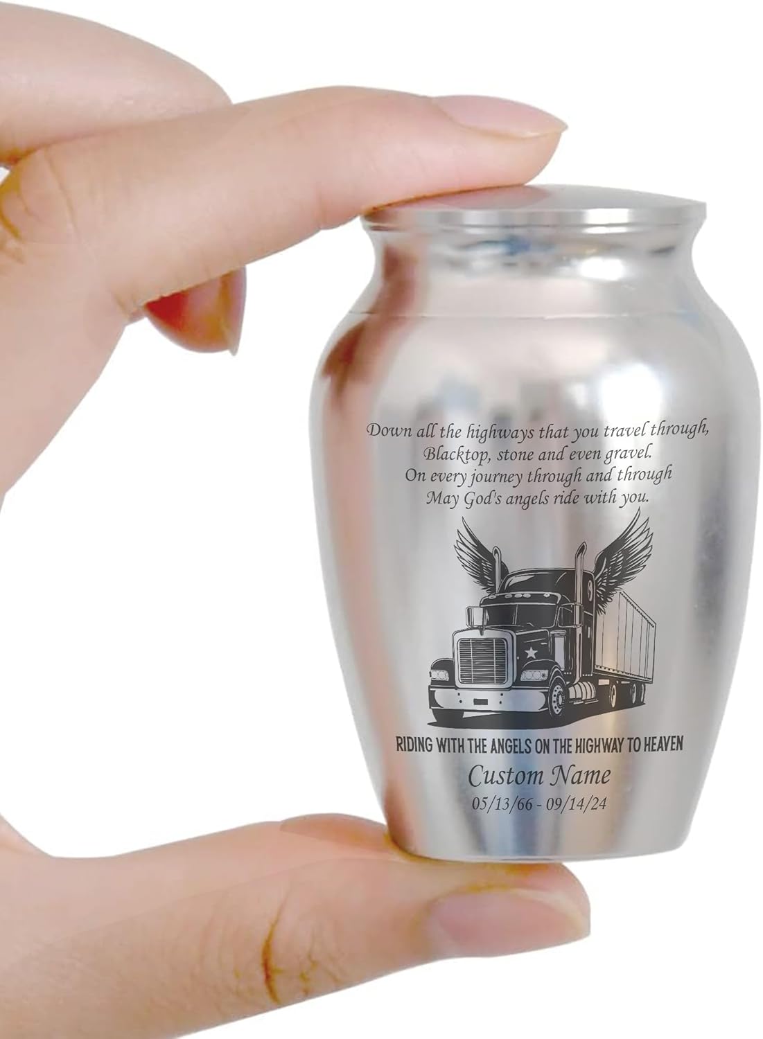 Personalized Semi Truck Mini Urn for Ashes Stainless Steel Silver Angel Wings