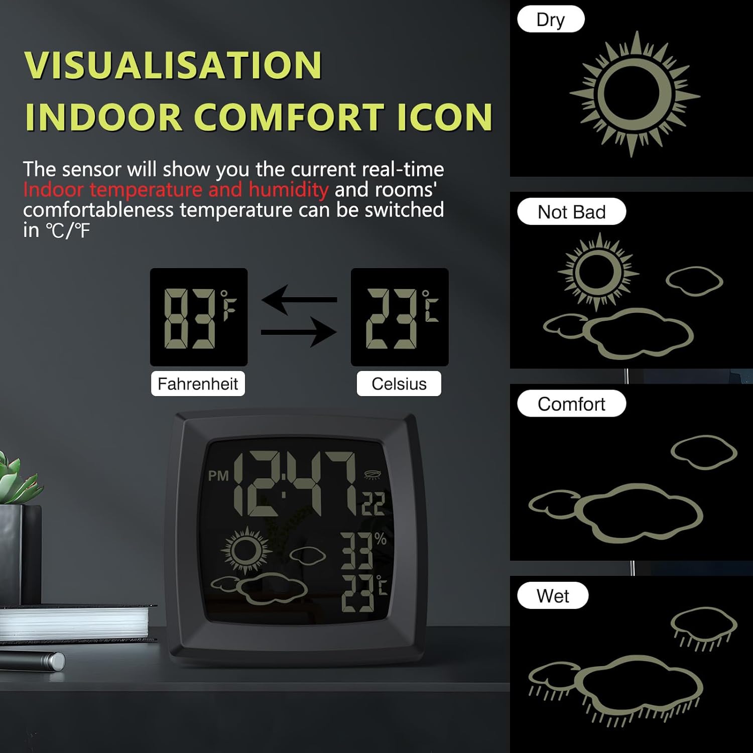 VOILEIPAGI Auto Backlight Digital Alarm Clock with Temperature Humidity