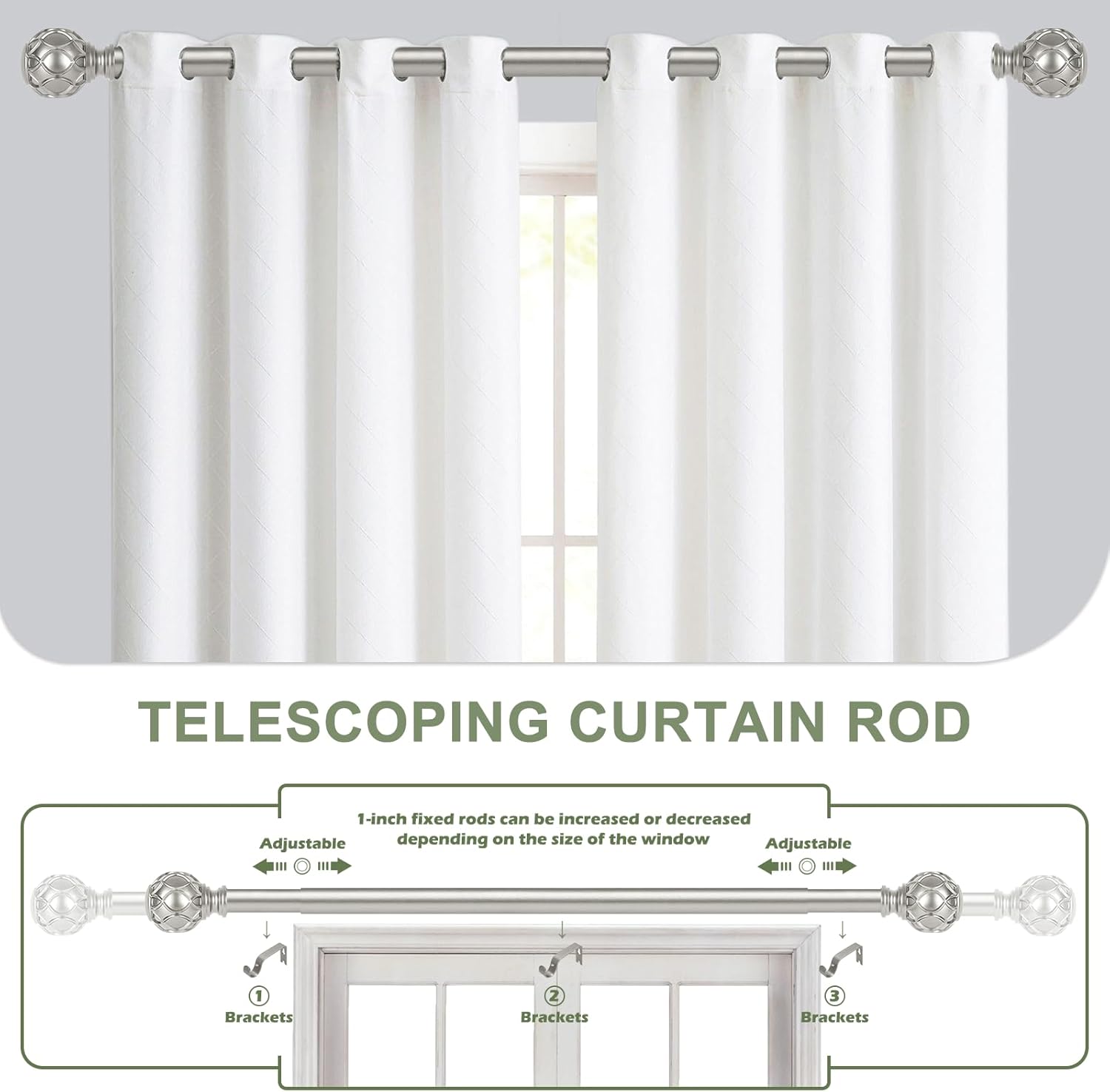 HTZON Antique Silver Decorative Curtain Rod Set 66-120 Inch
