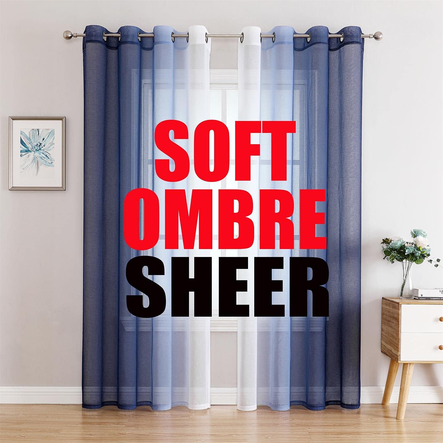 G2000 Ombre Sheer Curtains 84 Inches Navy Blue White 2 Panels