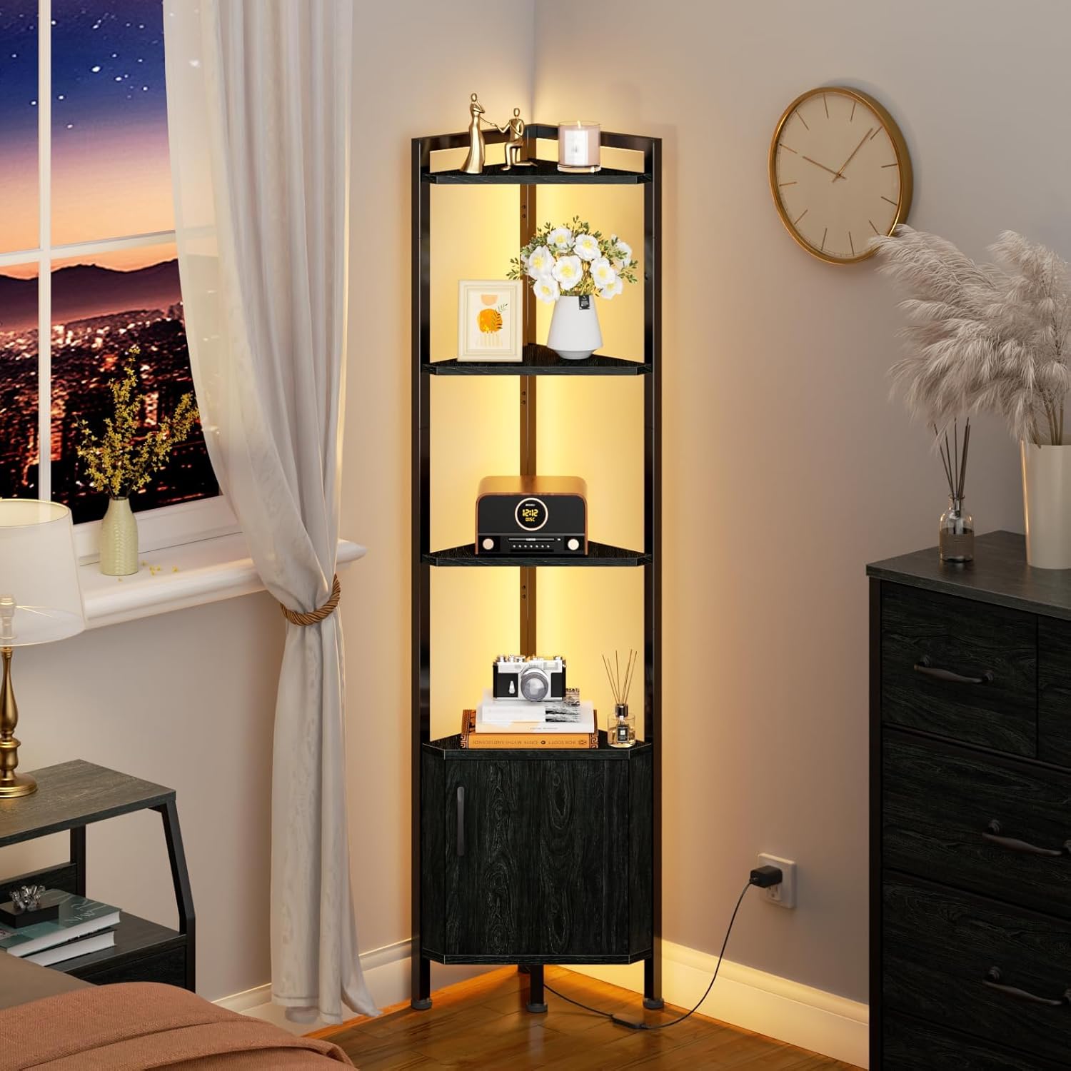 Furnulem 5-Tier Corner Bookshelf with LED Light