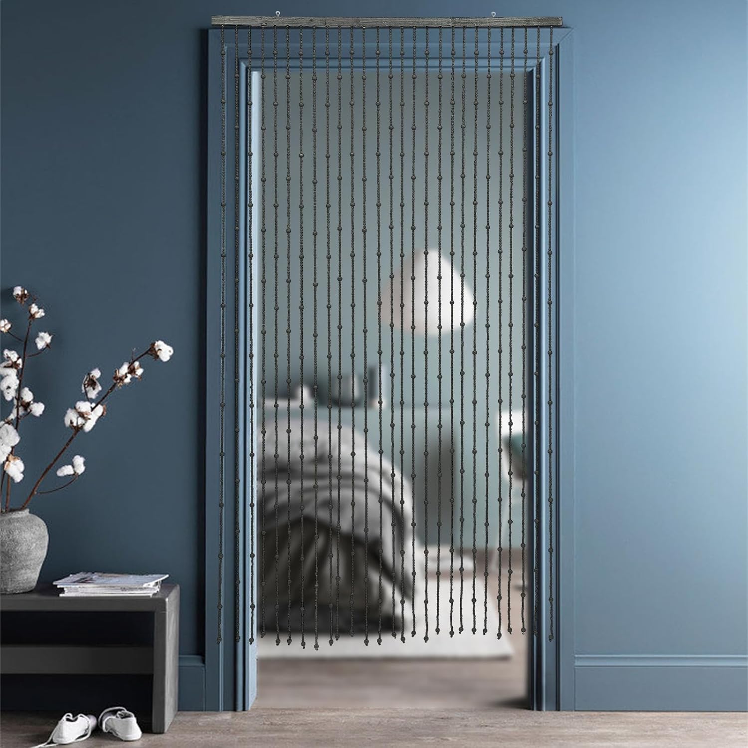 Handmade Wood Bead Curtain Door Panel Black