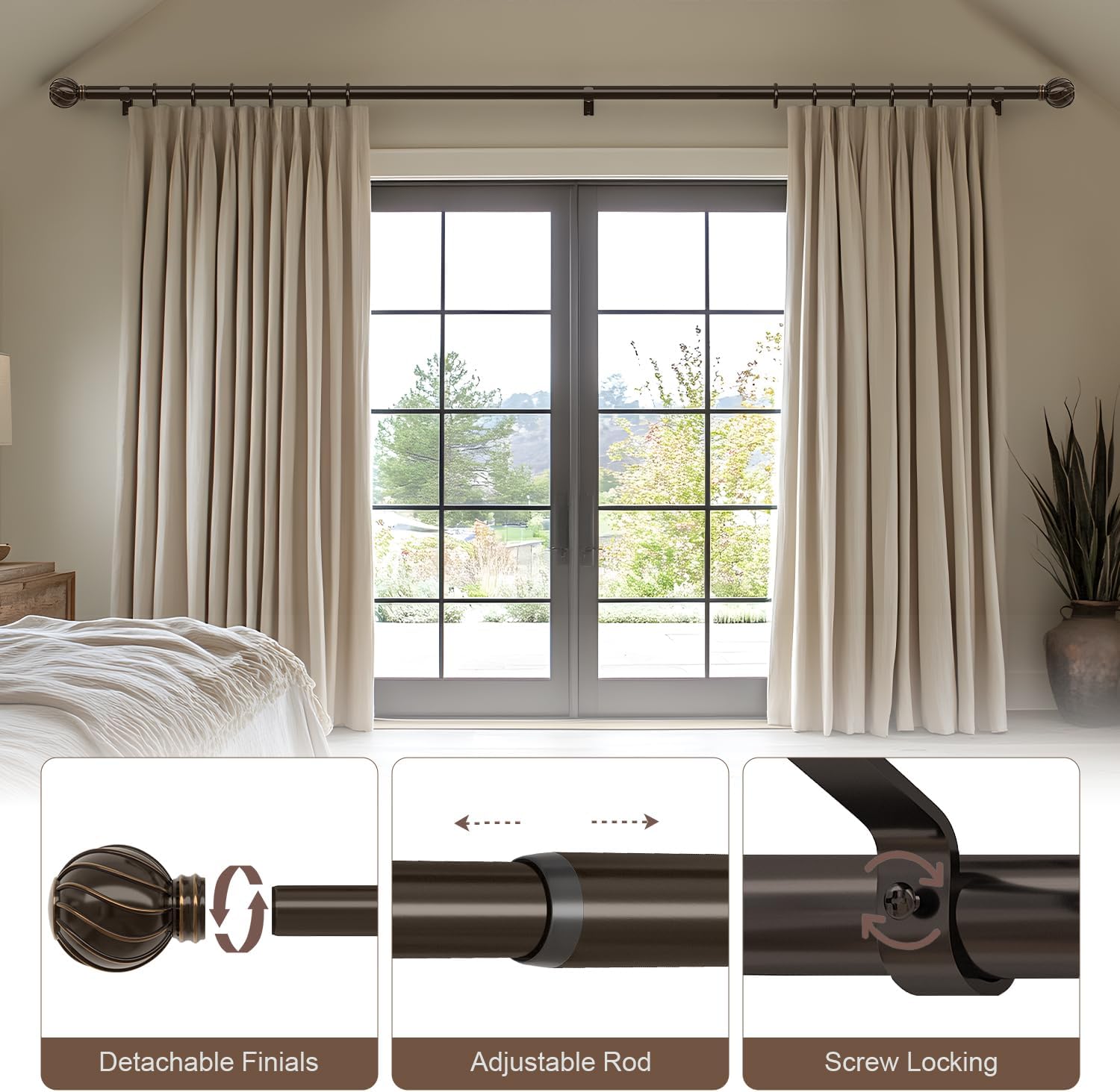 Brown Adjustable Window Curtain Rod with Decorative Finials