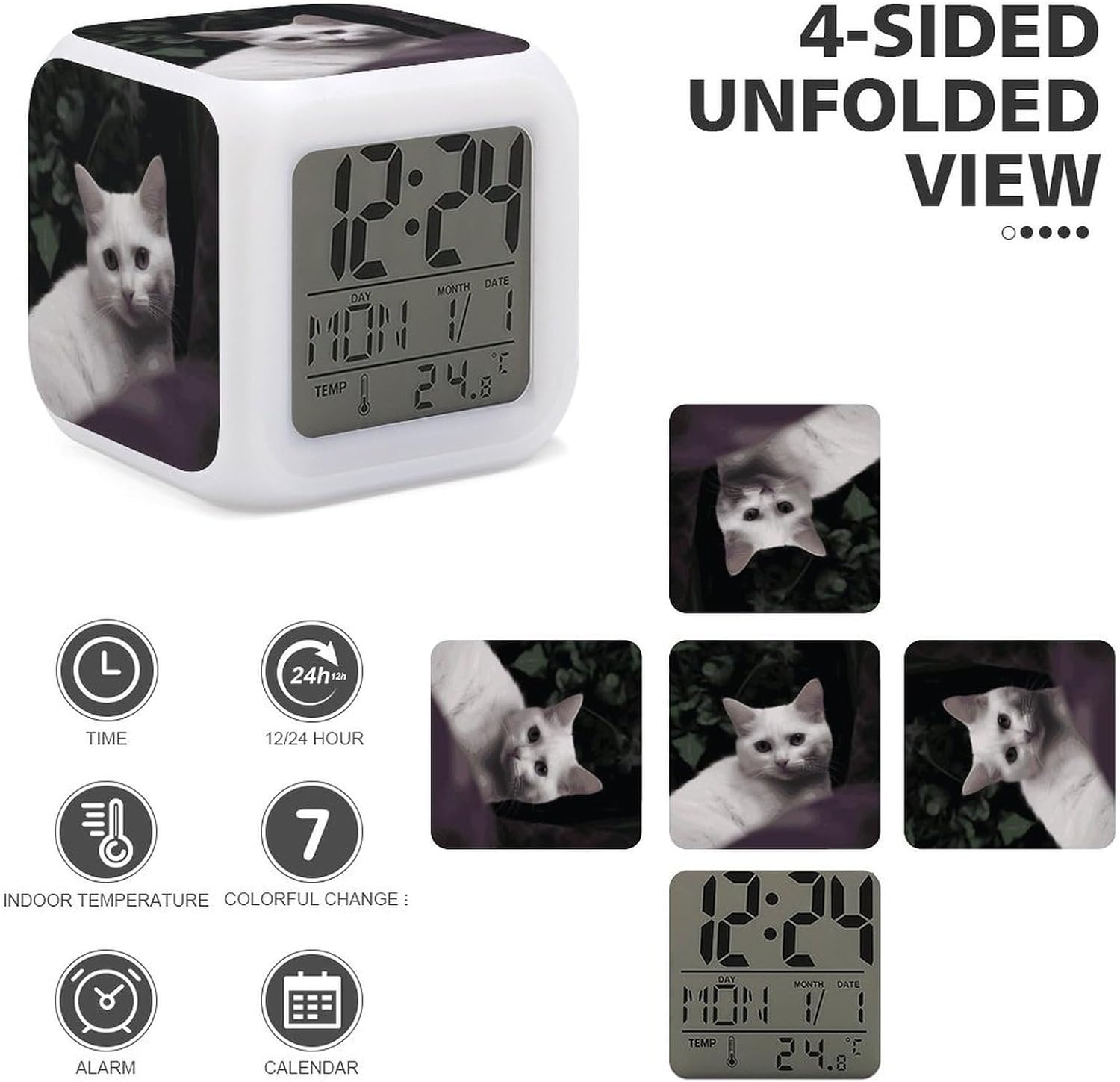 White Cat Digital Alarm Clock with LED Display
