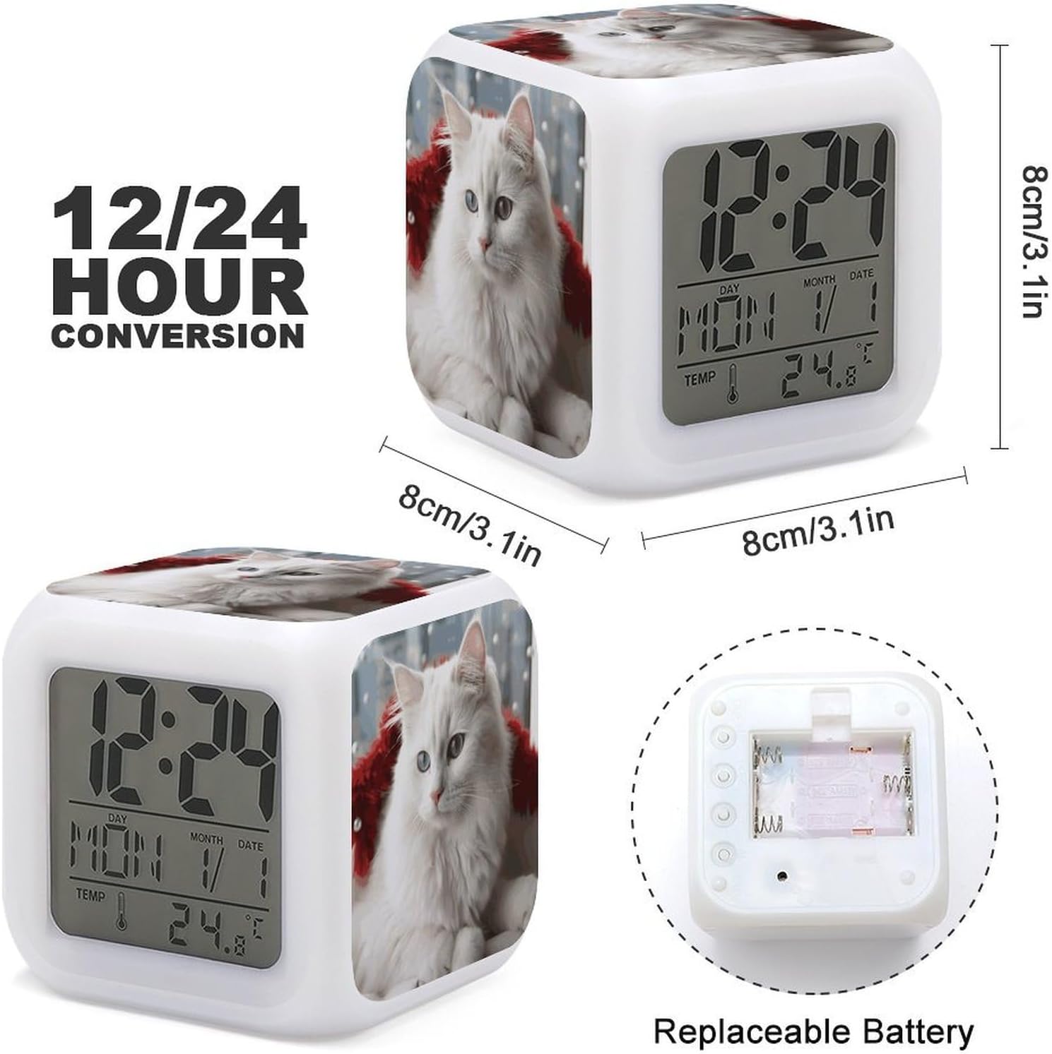 Cute White Cat Alarm Clock with LED Display