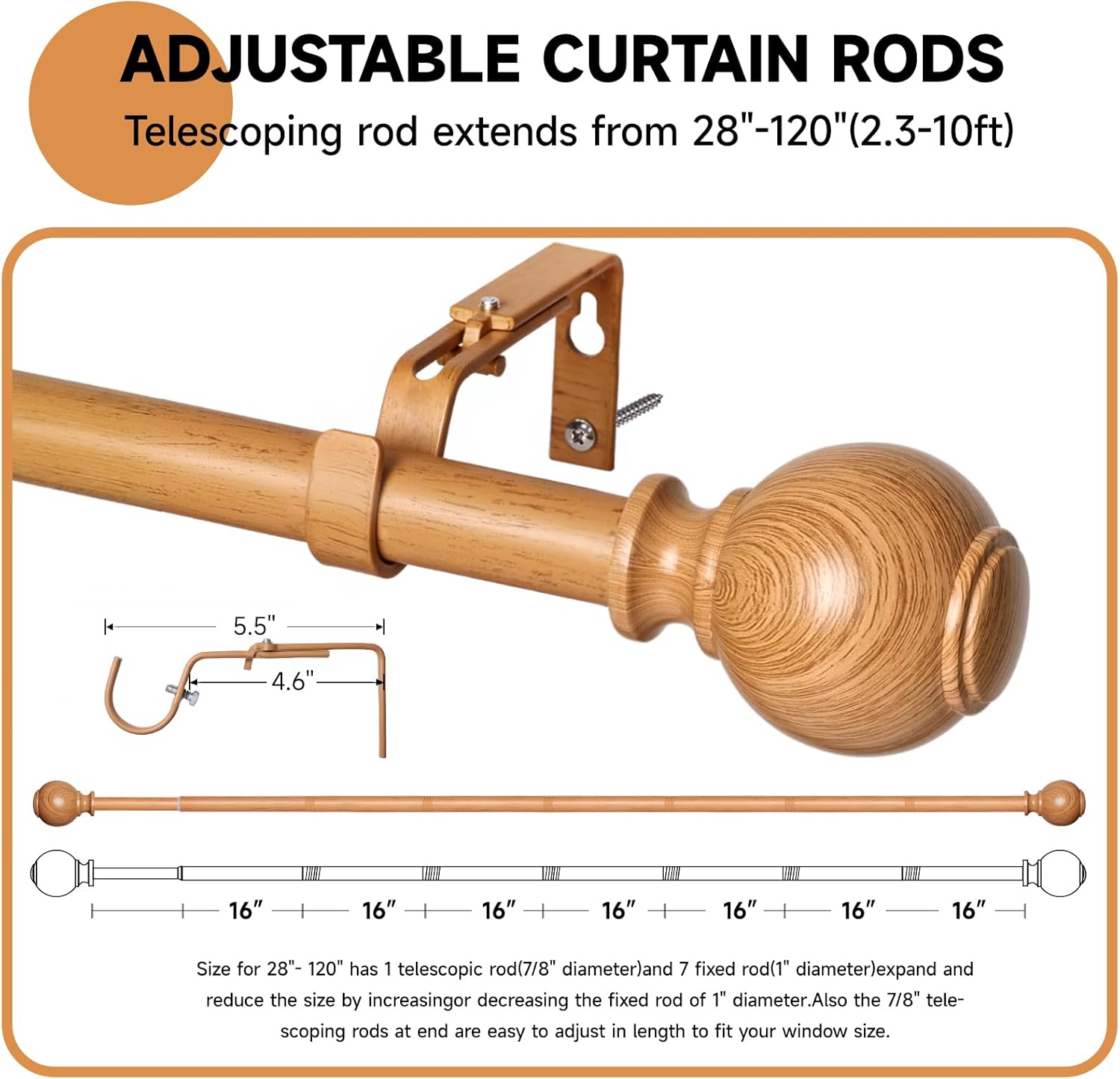 ZNONOX Heavy Duty Wood Curtain Rods 28-120 Inches