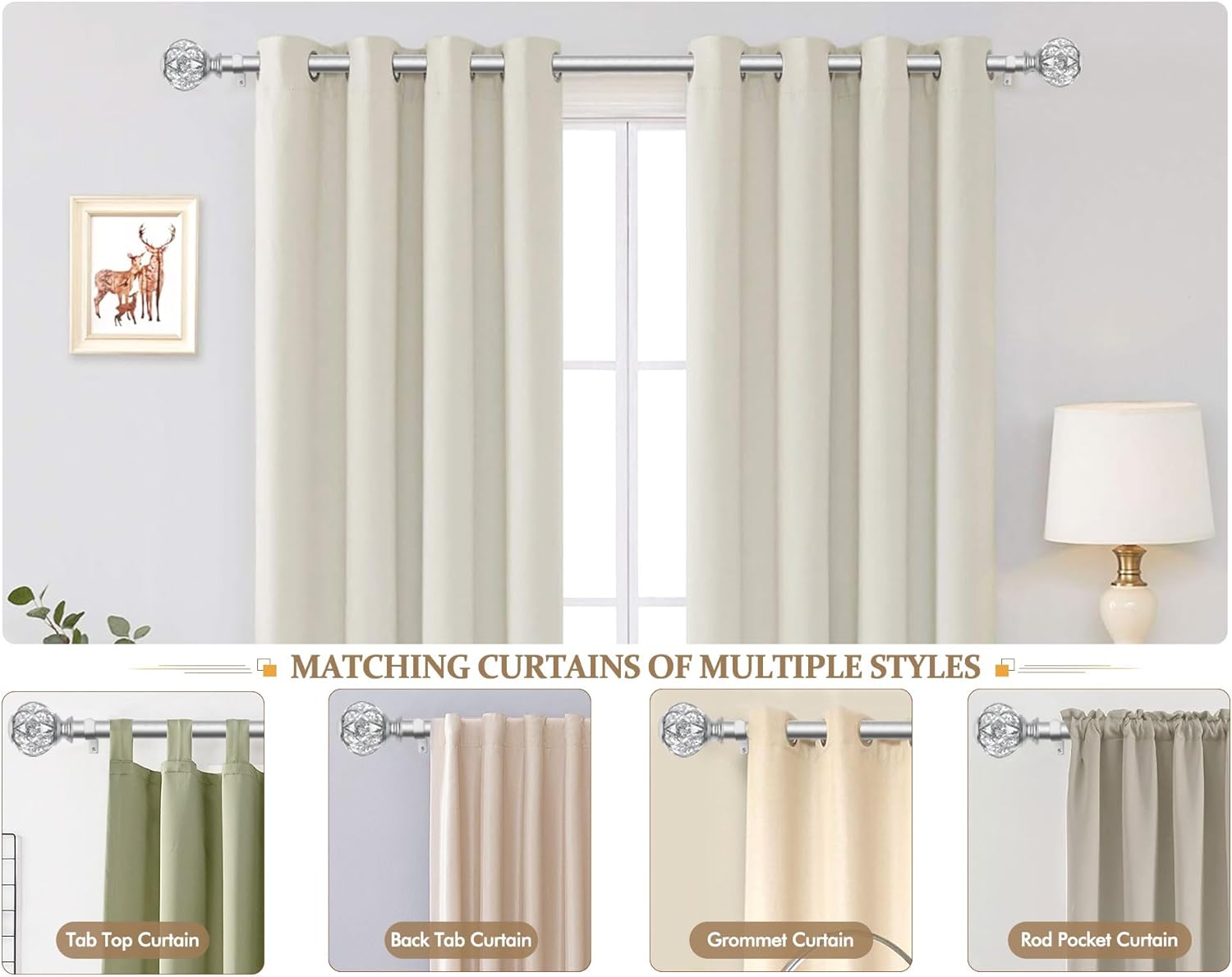 KAMANINA Silver Curtain Rod 32-58 Inch Adjustable Single Rods