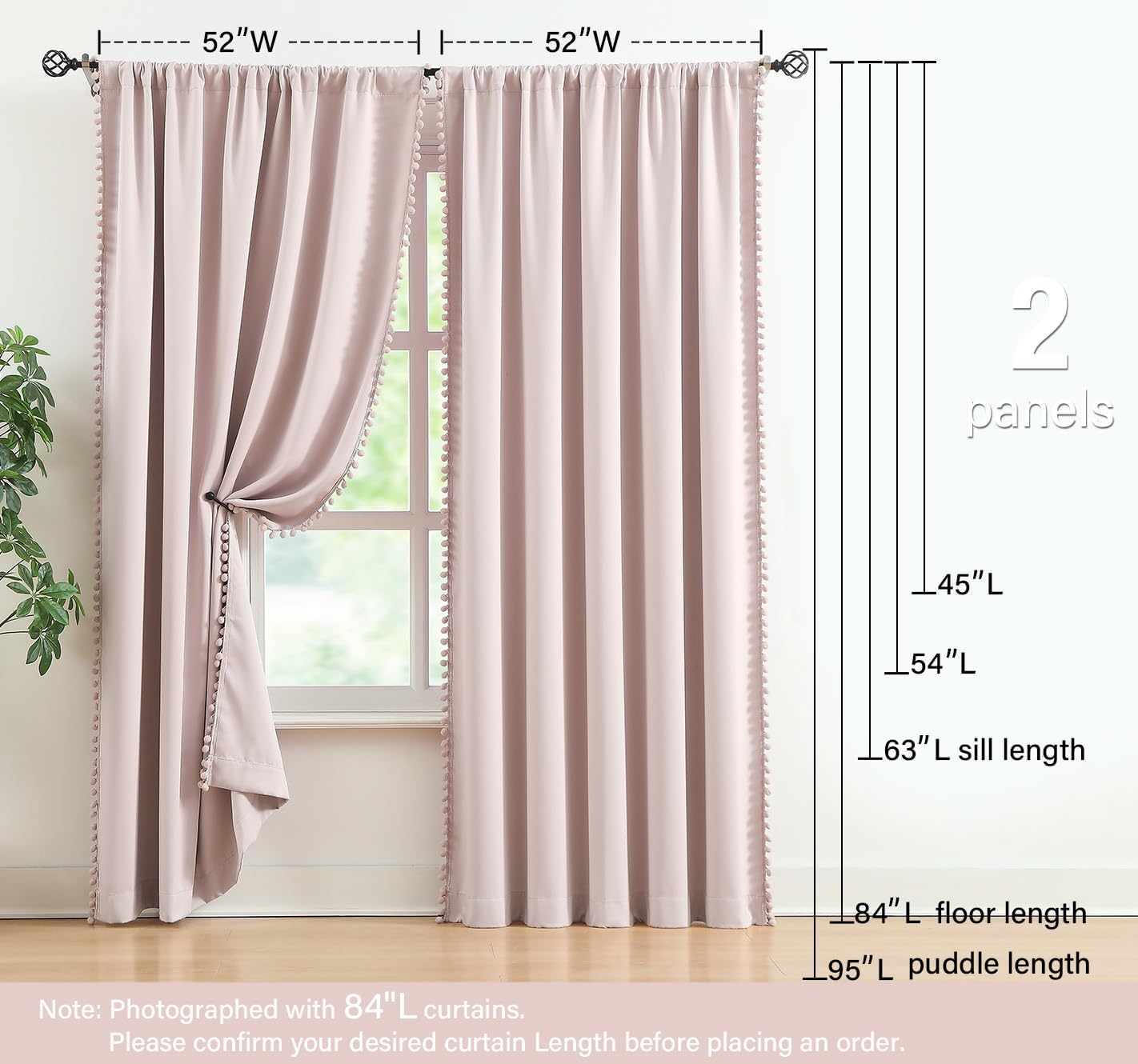 Treatmentex Pom-Pom Pink Half-Blackout Curtains 2 Panels Rod Pocket