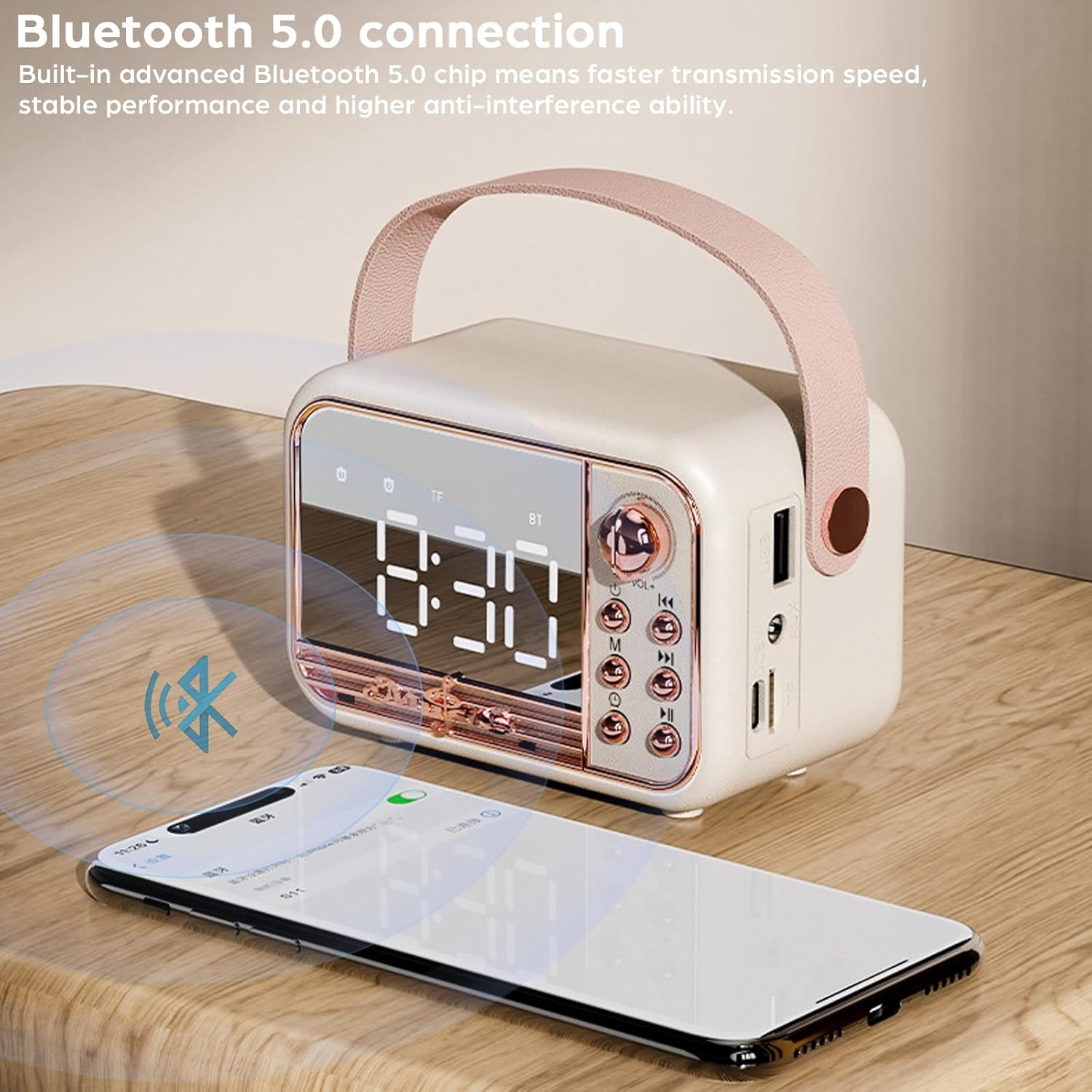 Retro Bluetooth Speaker with Alarm Clock and TF Card Pink
