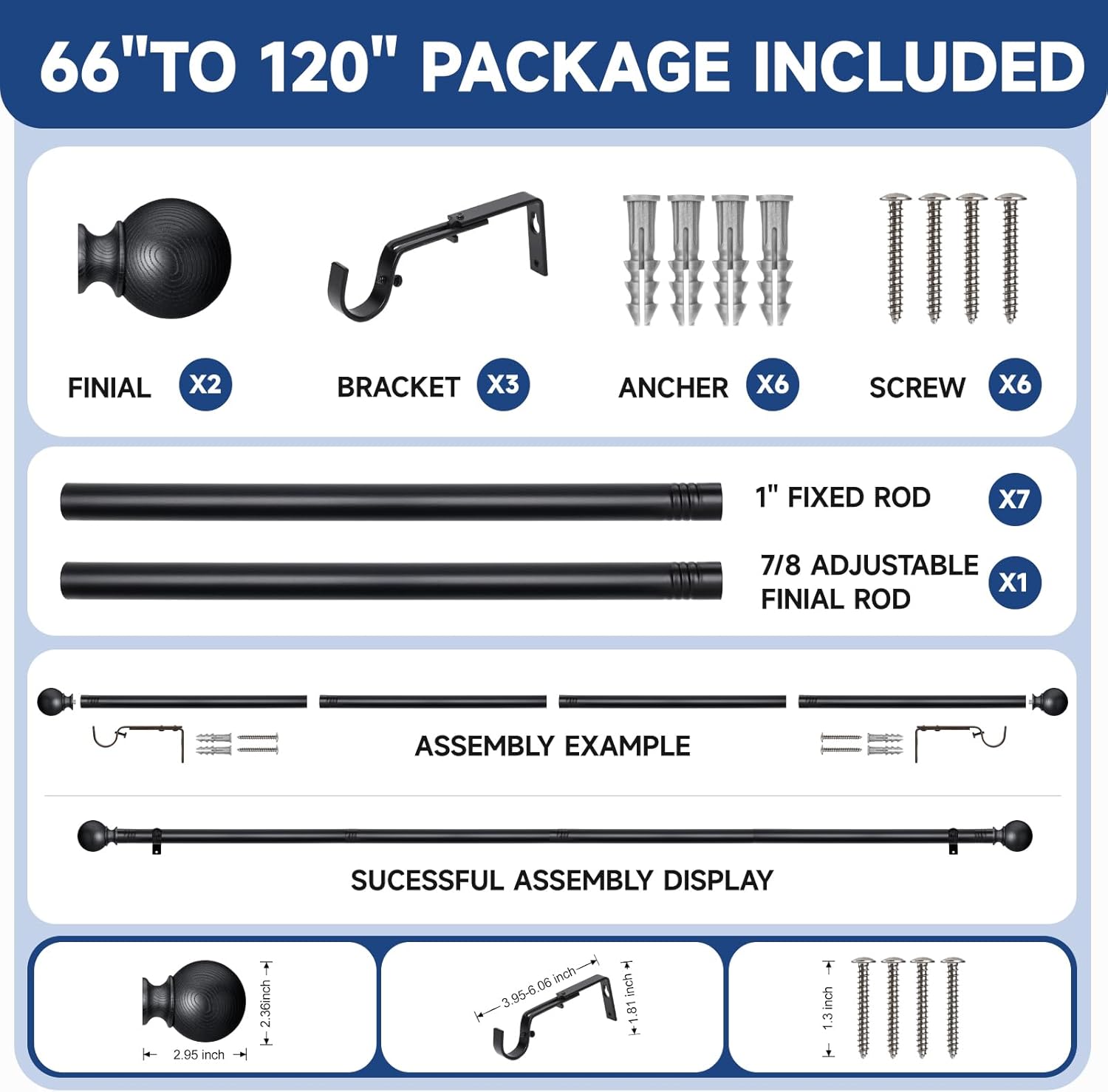BRIOFOX Black Curtain Rods 66-120 Inch 1 Inch Diameter Heavy Duty