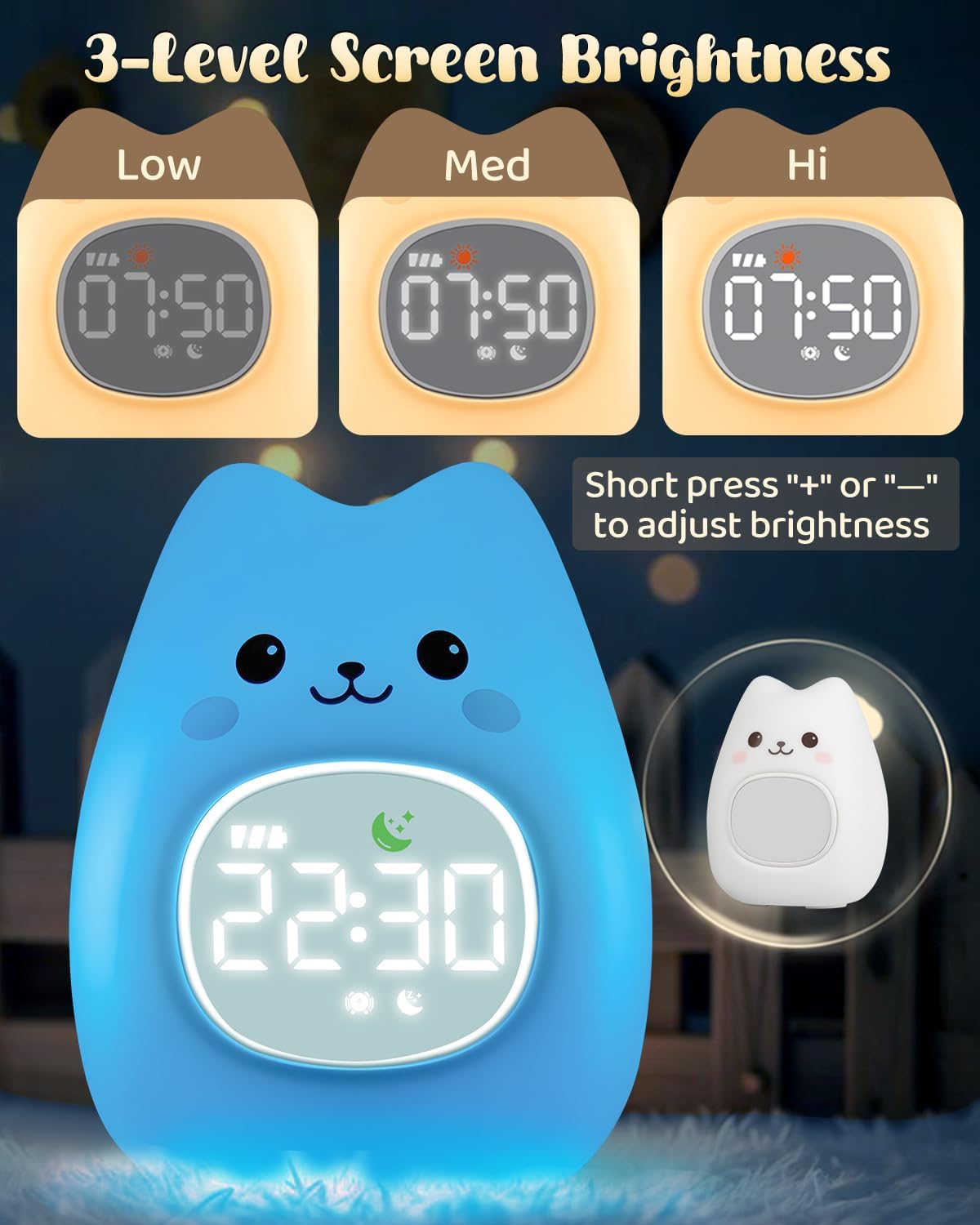 Cat Alarm Clock for Kids with Night Light and White Noise