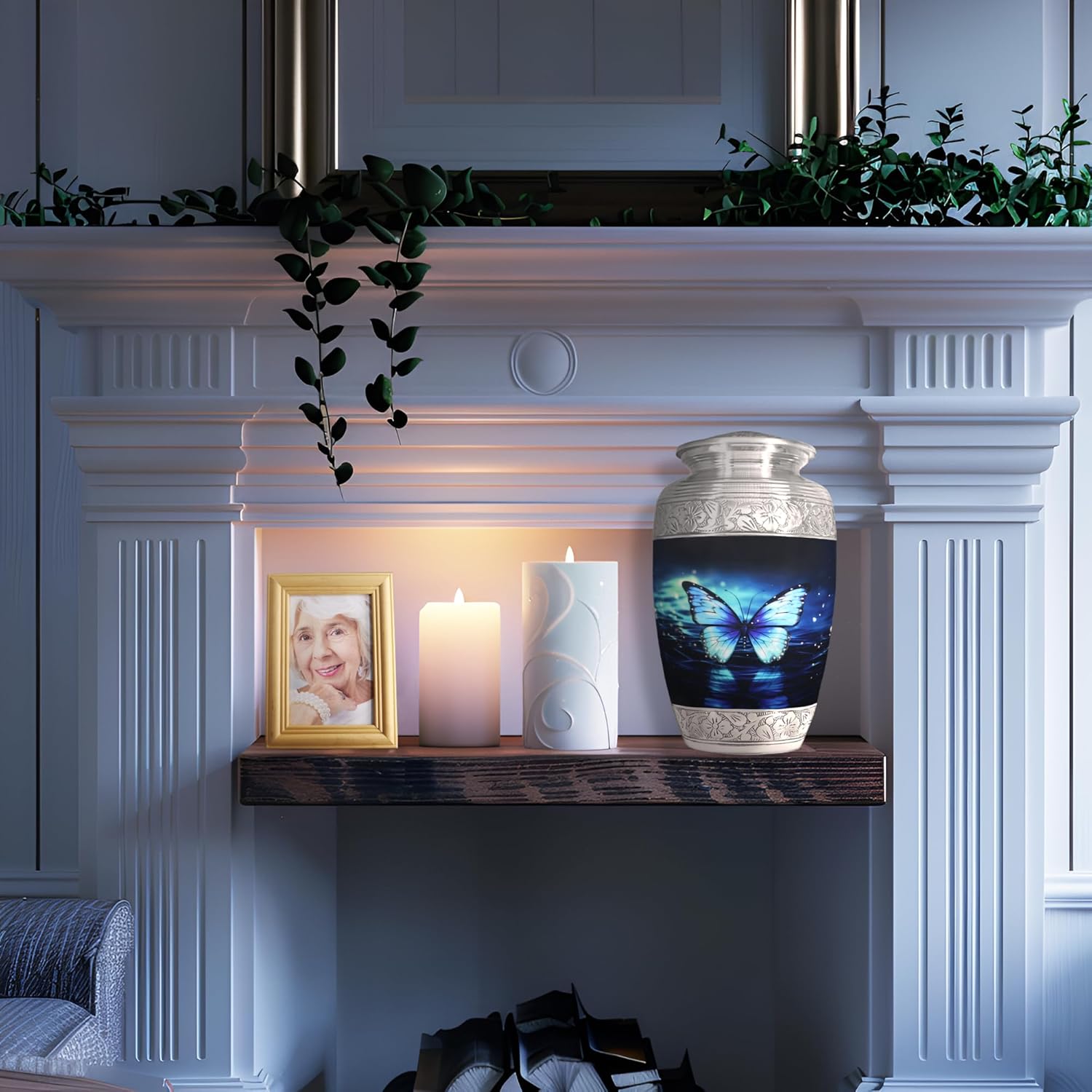 Naniurn Large Decorative Urn with Black and Blue Butterfly