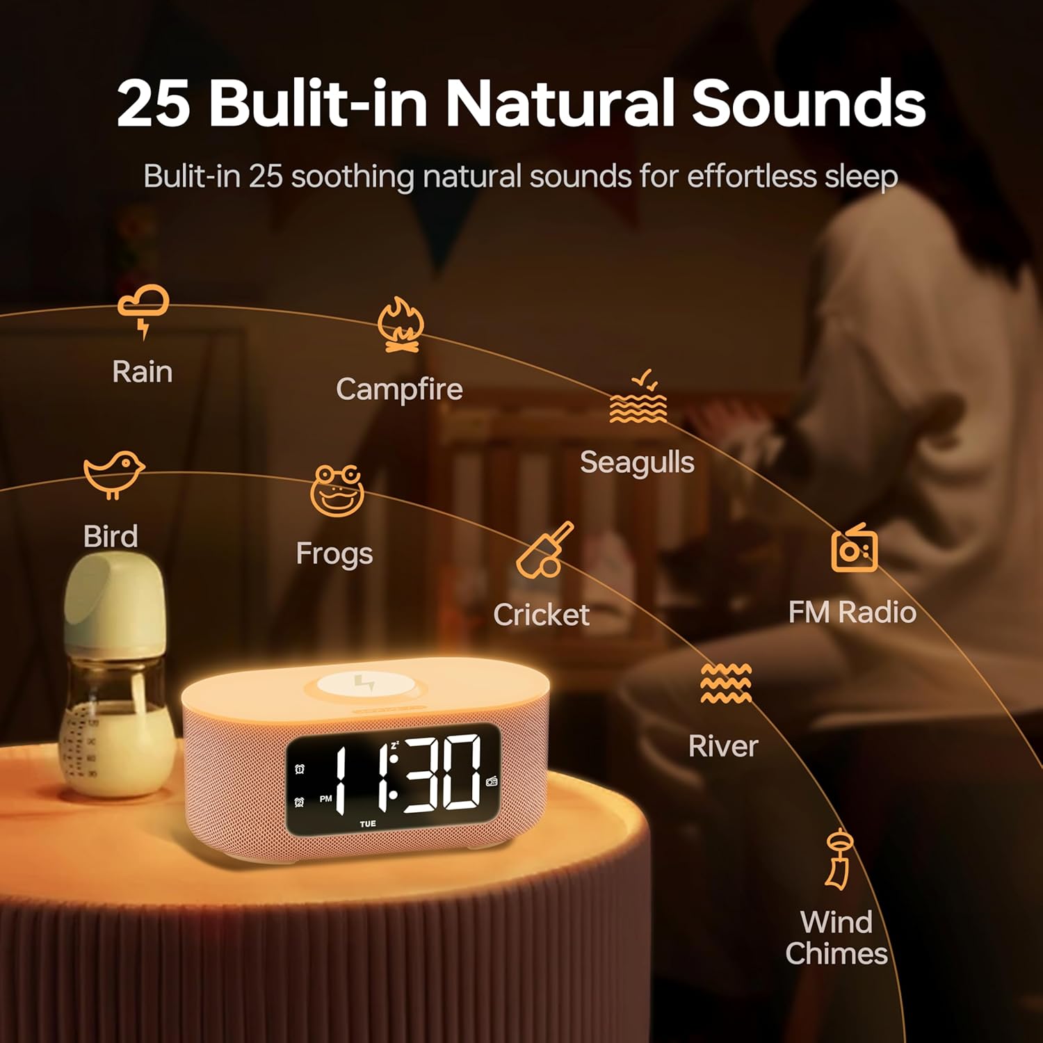 JALL Pink Fabric Alarm Clock with LED Display and Bluetooth Speaker