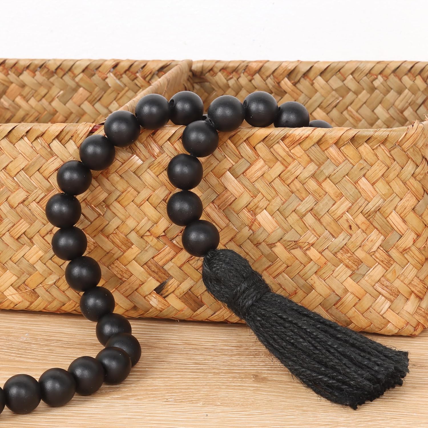 Wood Beads Garland with Tassels Black Farmhouse Decor