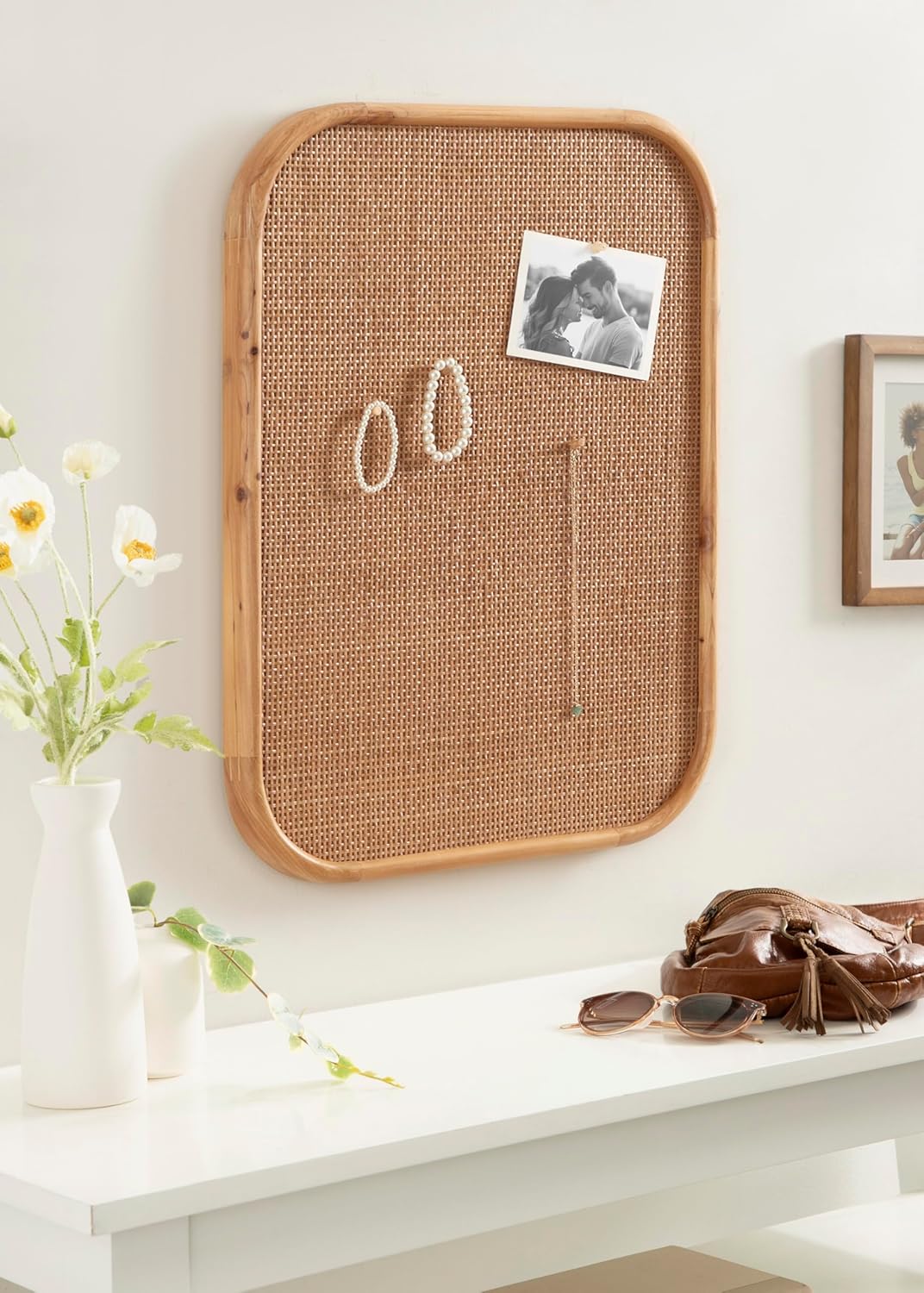 Kate and Laurel Rattan Wall Pinboard 20x26 Natural Wood Boho