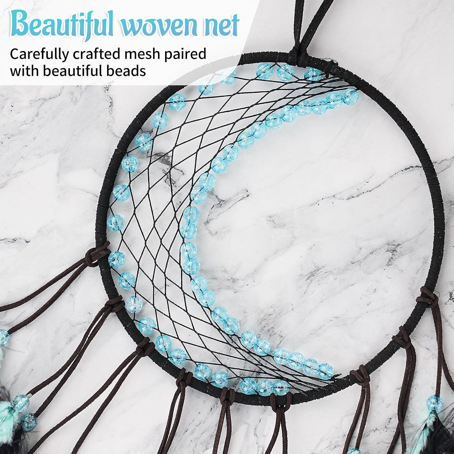 Dream Catcher with Moon Mesh and Turquoise Feathers