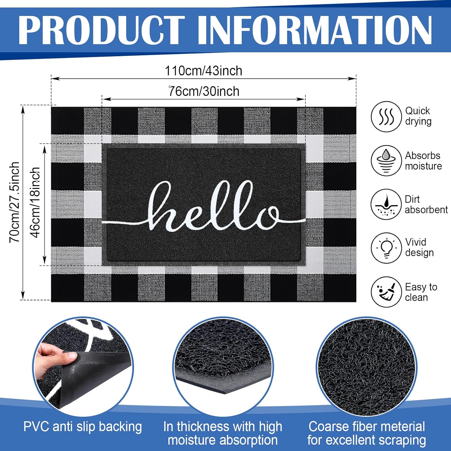 Geelin 2 Pcs Hello Doormat and Buffalo Check Rug