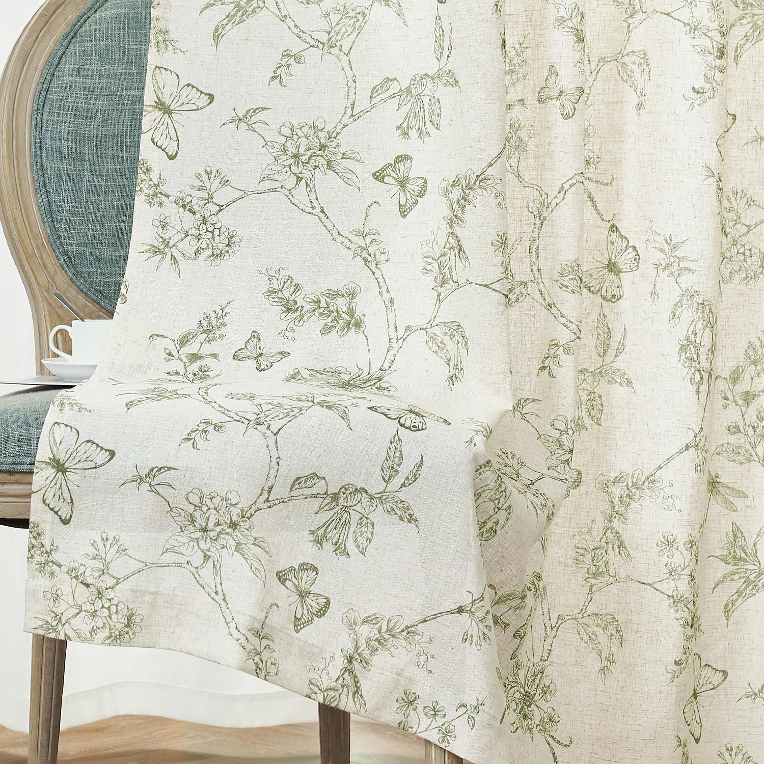 Lazzzy Linen Curtains Green Floral 2 Panels 63 Inch Grommet Top