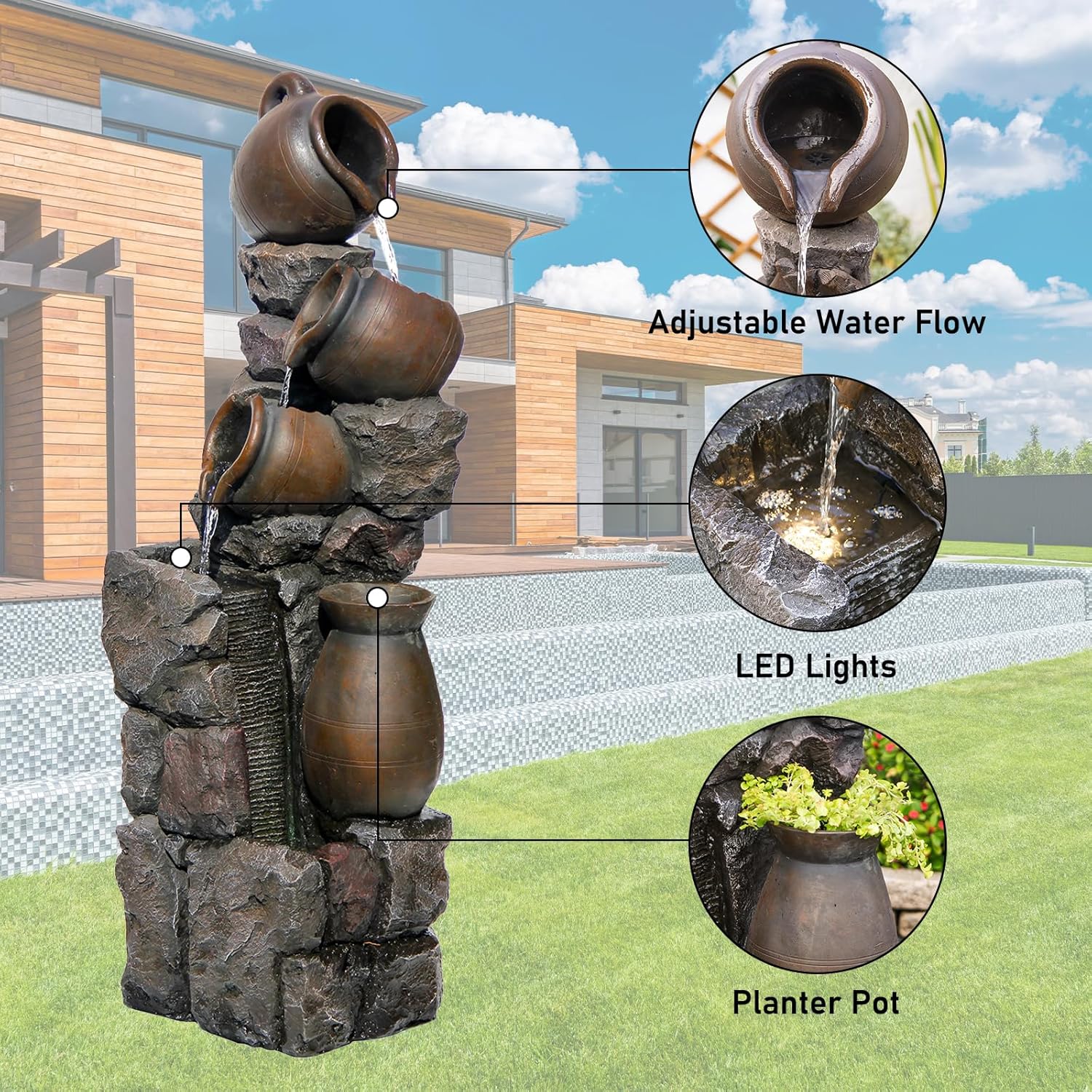 4567 In Tall Water Fountain With 5 Tier Planter Pot