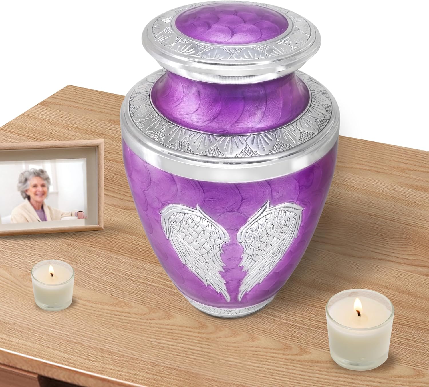 Purple Wings of Love Cremation Urn - Large Silver Engraved