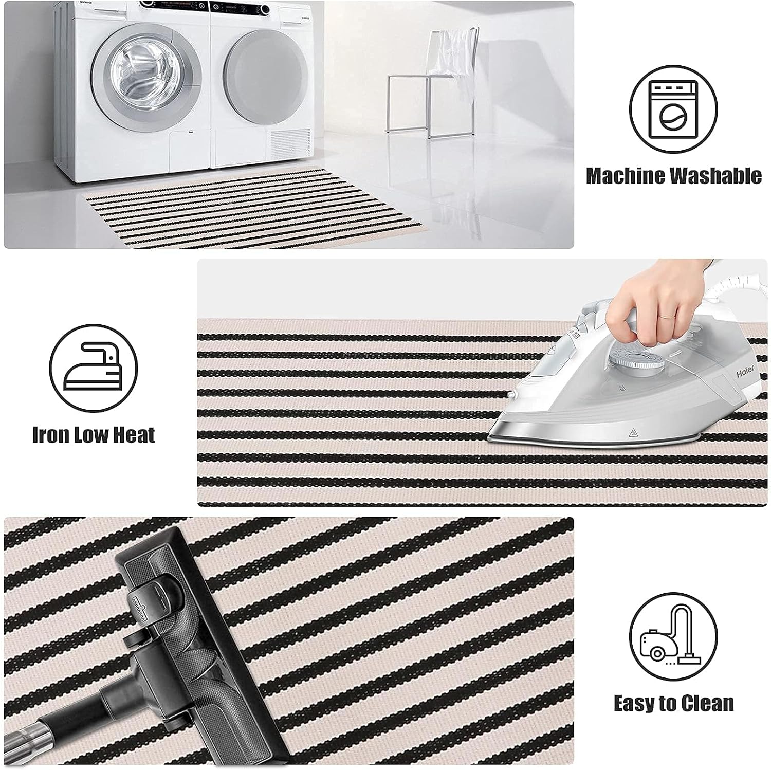 LEEVAN Black and White Striped Doormat Rug 24x35 Inch