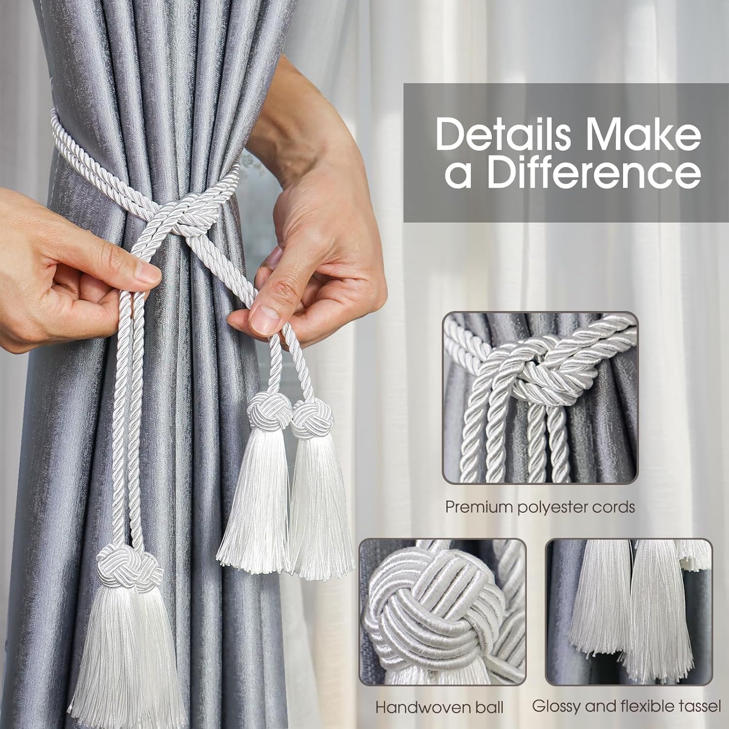 2 Pack Beige Curtain Tassel Tiebacks with Holdbacks