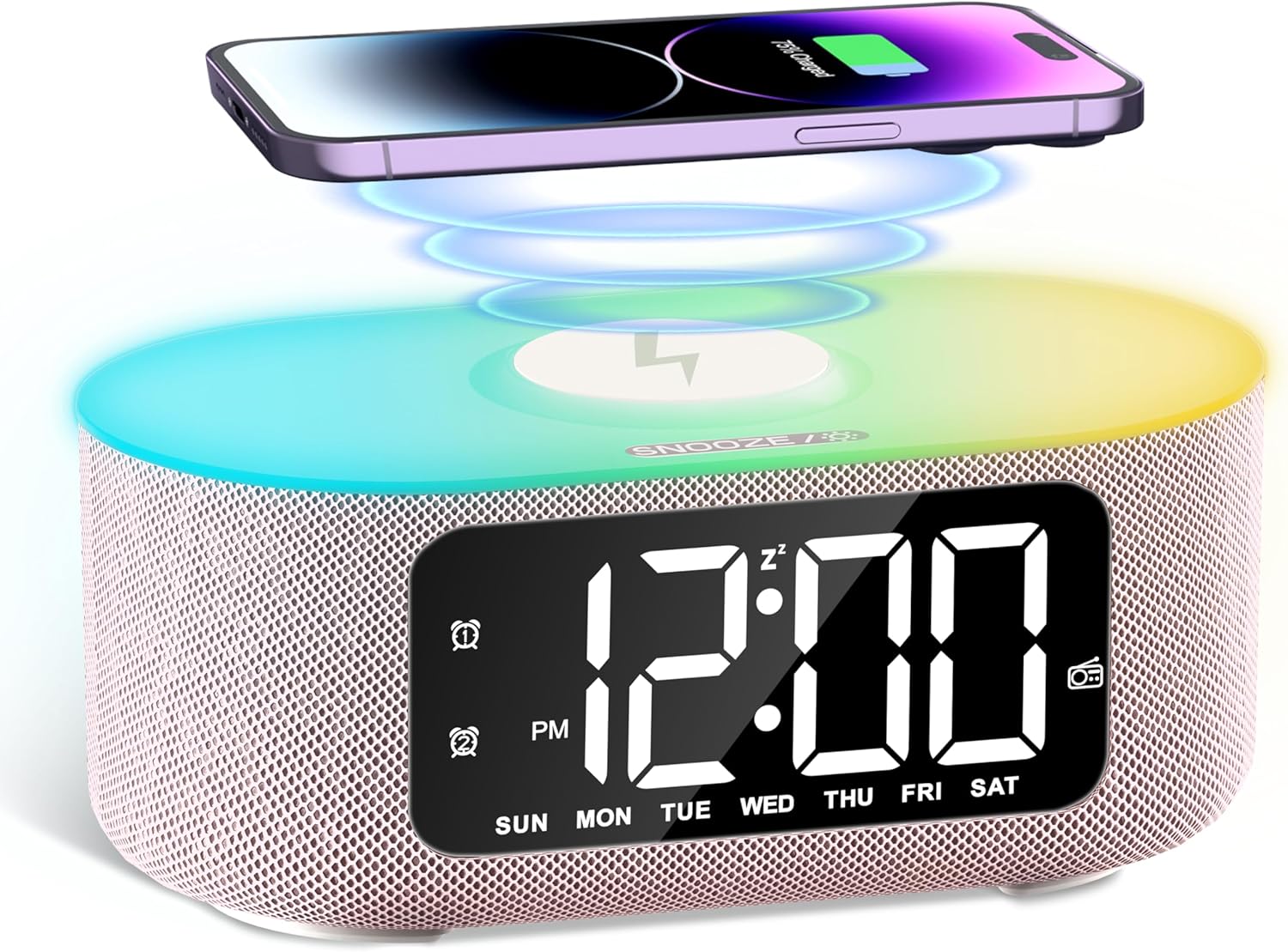 JALL Pink Fabric Alarm Clock with LED Display and Bluetooth Speaker