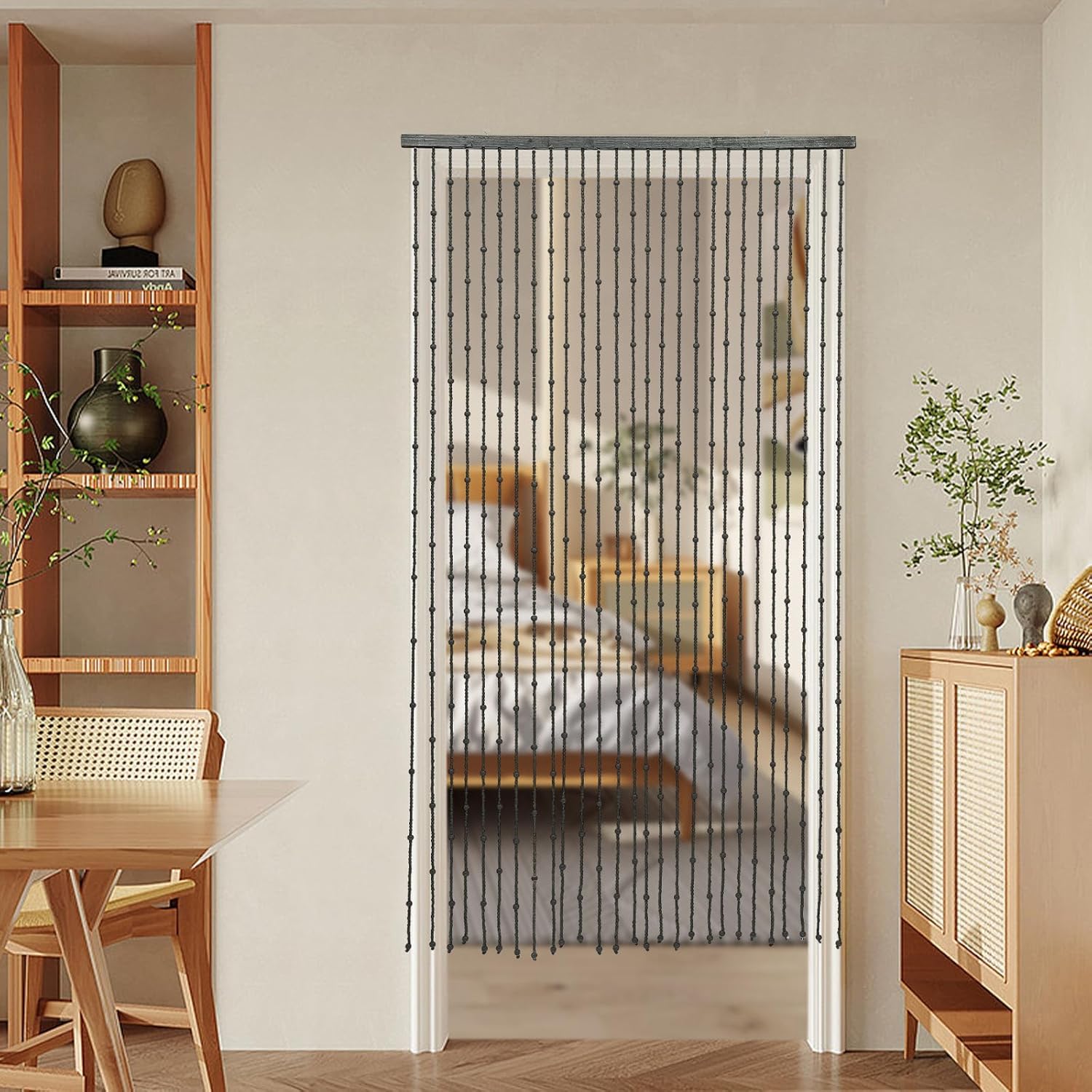 Handmade Wood Bead Curtain Door Panel Black