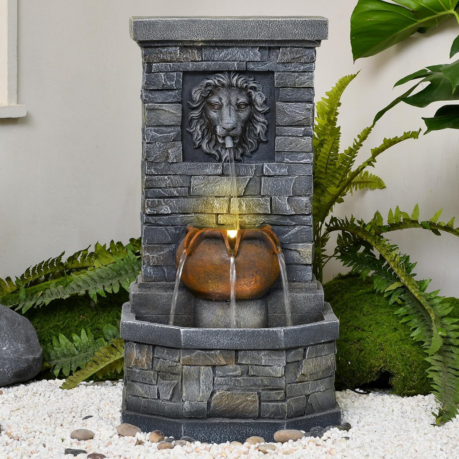 3228 Outdoor Lion Head Water Fountain with Lights
