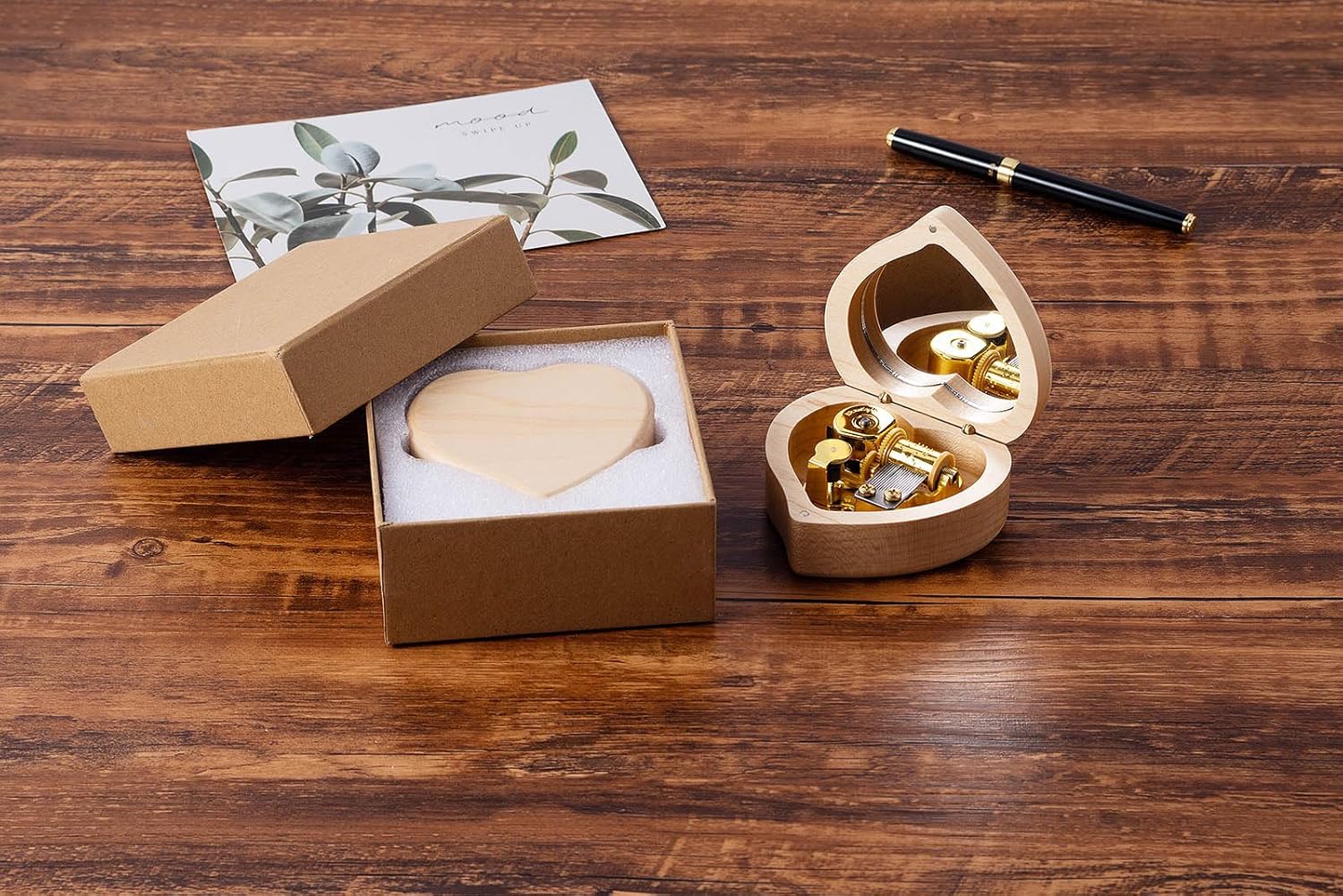 Heart Shape Wooden Music Box with Mirror Mechanism