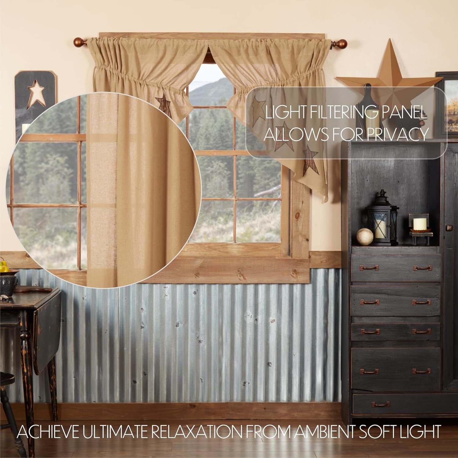 Stratton Primitive Burlap Prairie Swag Curtains Pair Tan